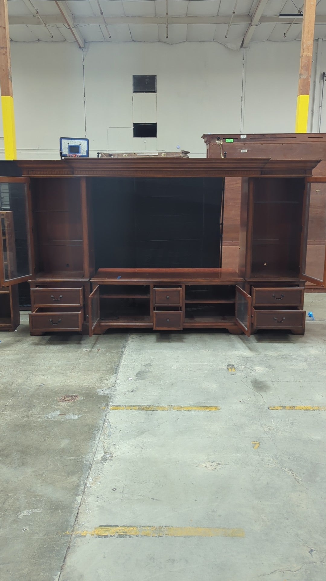 Traditional Dark Wood TV Stand with Glass Doors