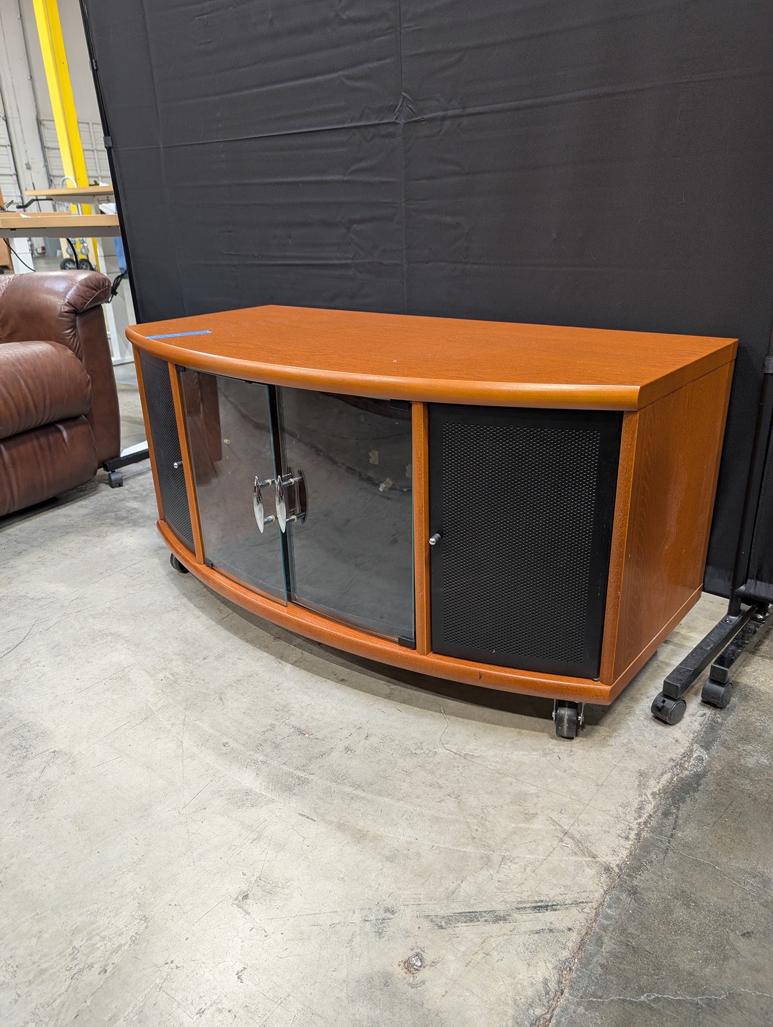 Curved Front Wood Media Console with Glass and Mesh Doors