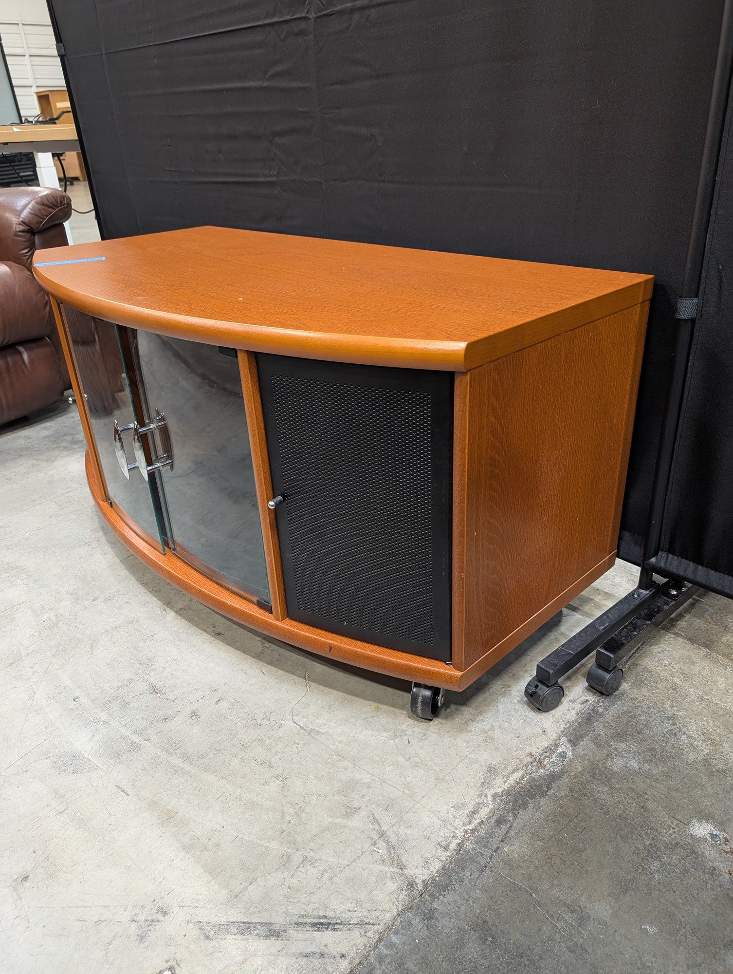 Curved Front Wood Media Console with Glass and Mesh Doors