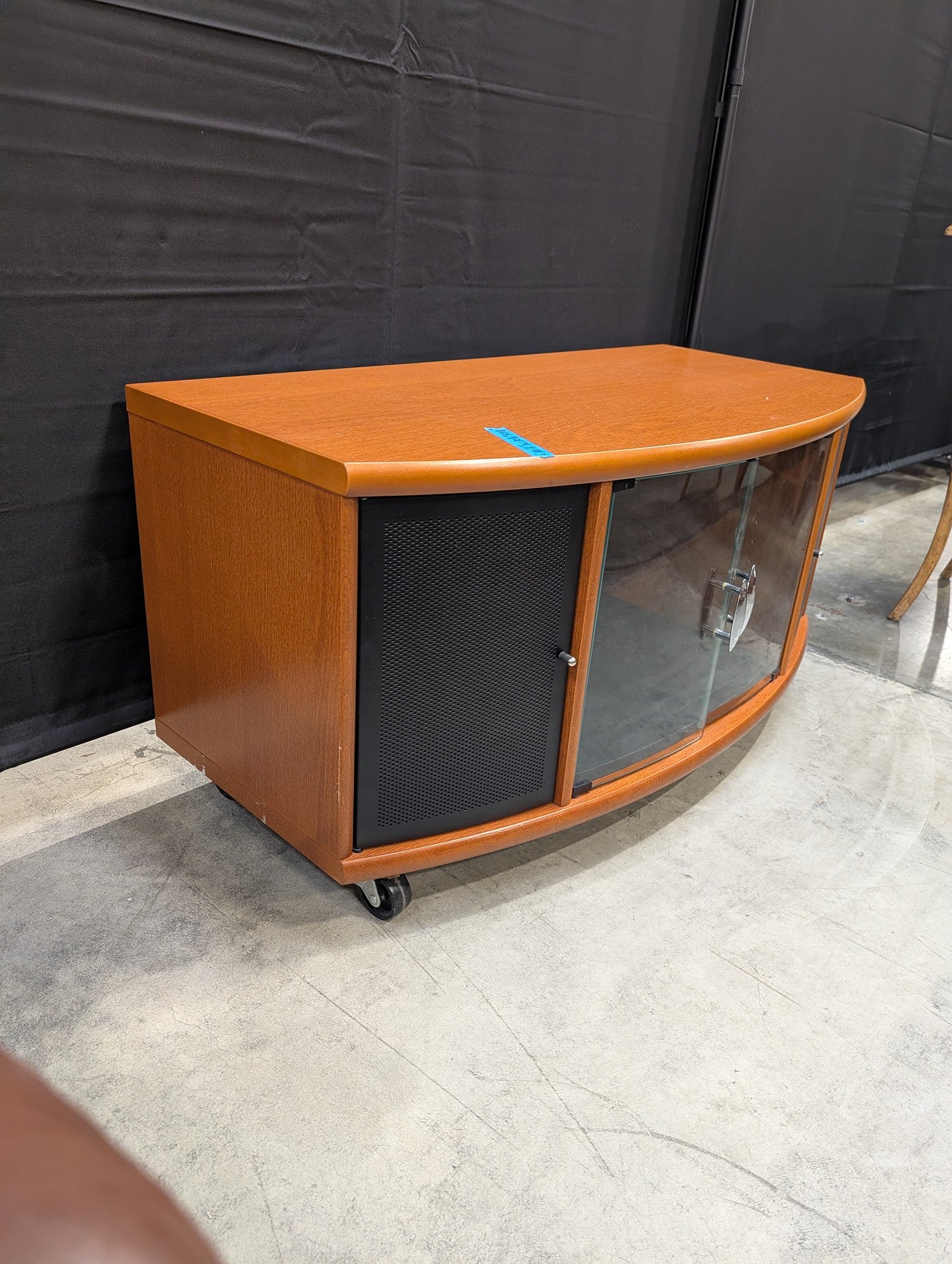 Curved Front Wood Media Console with Glass and Mesh Doors