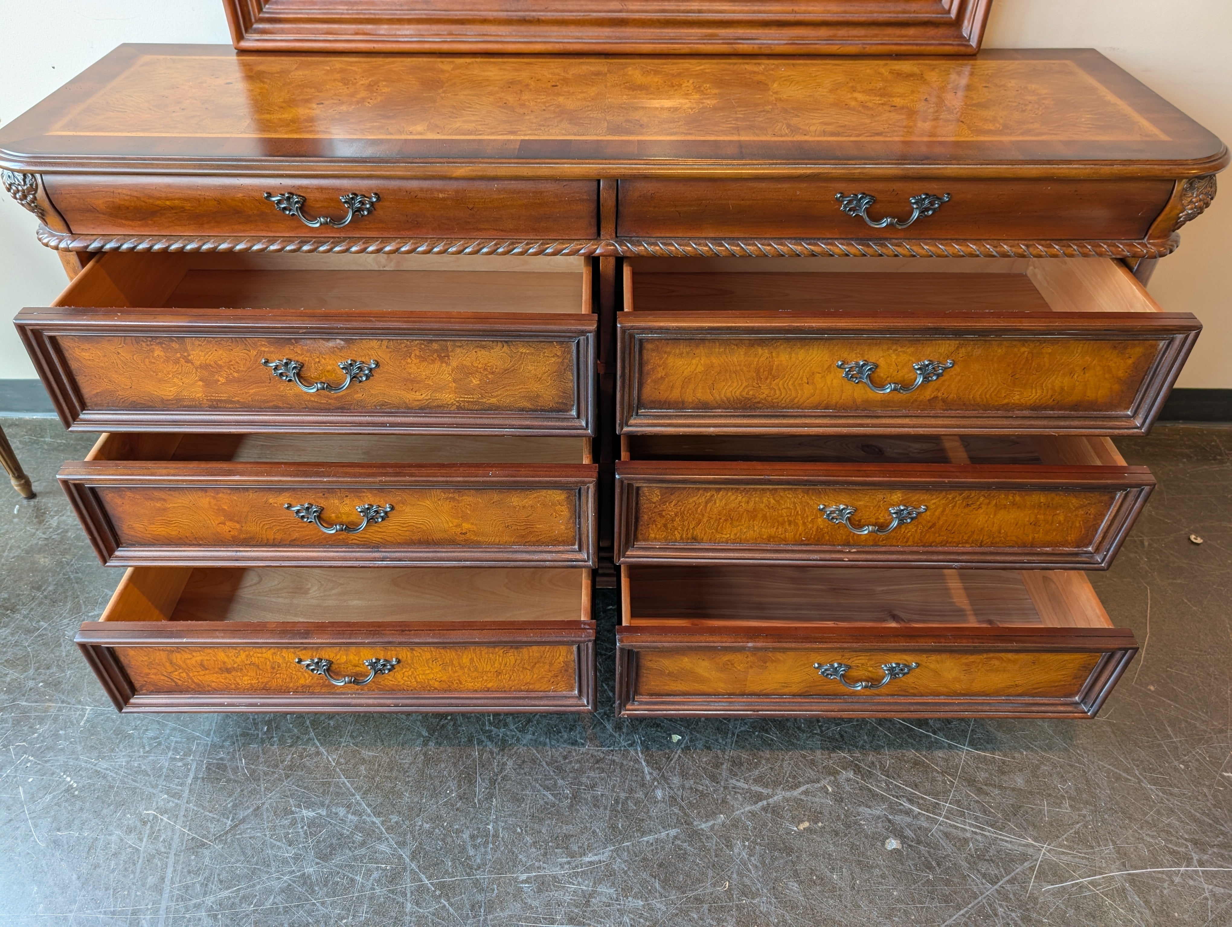 Ornate Dark Wood Dresser with Arched Mirror