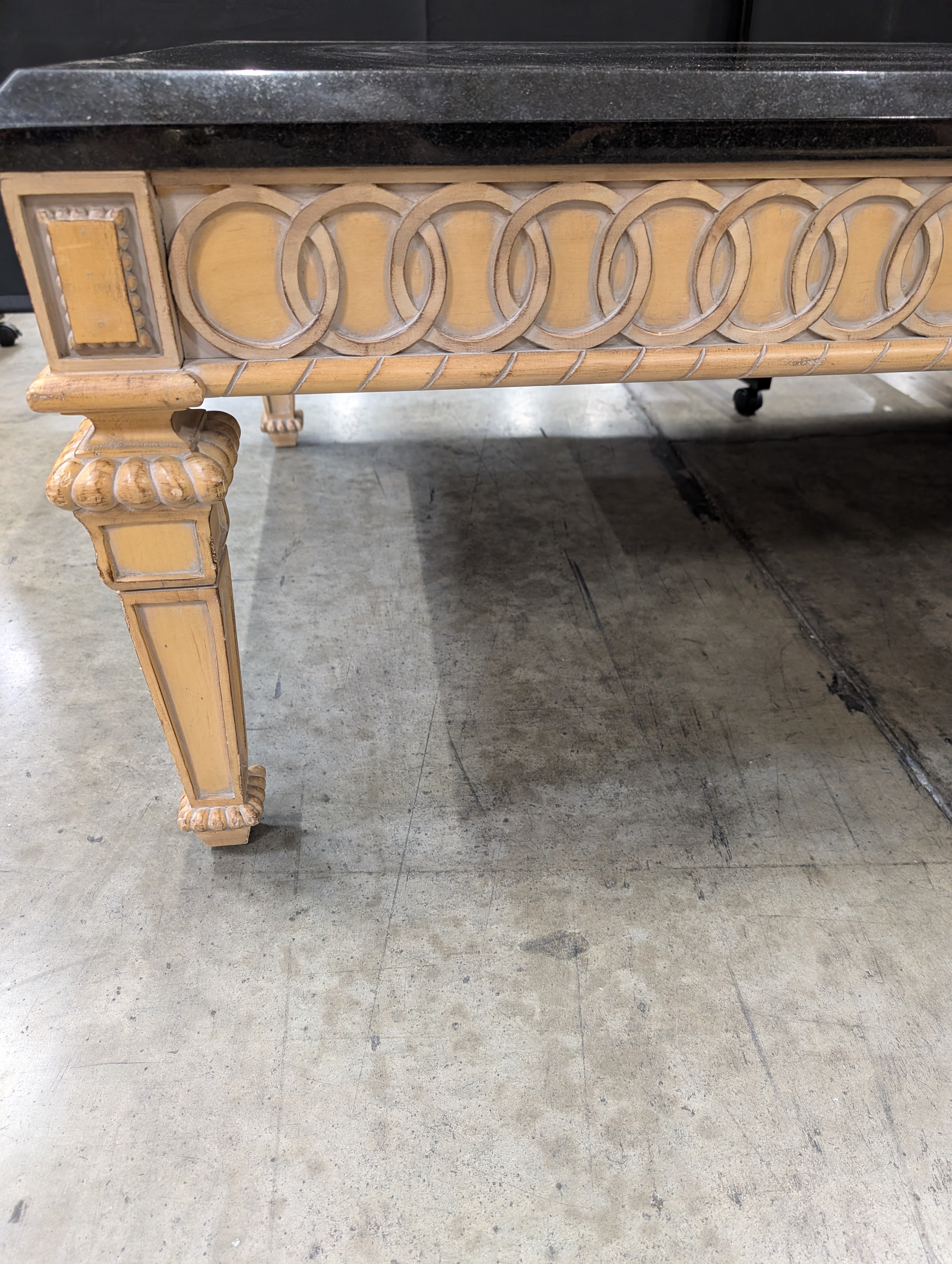 Ornate Carved Wood Base Black Top Rectangular Dining Table