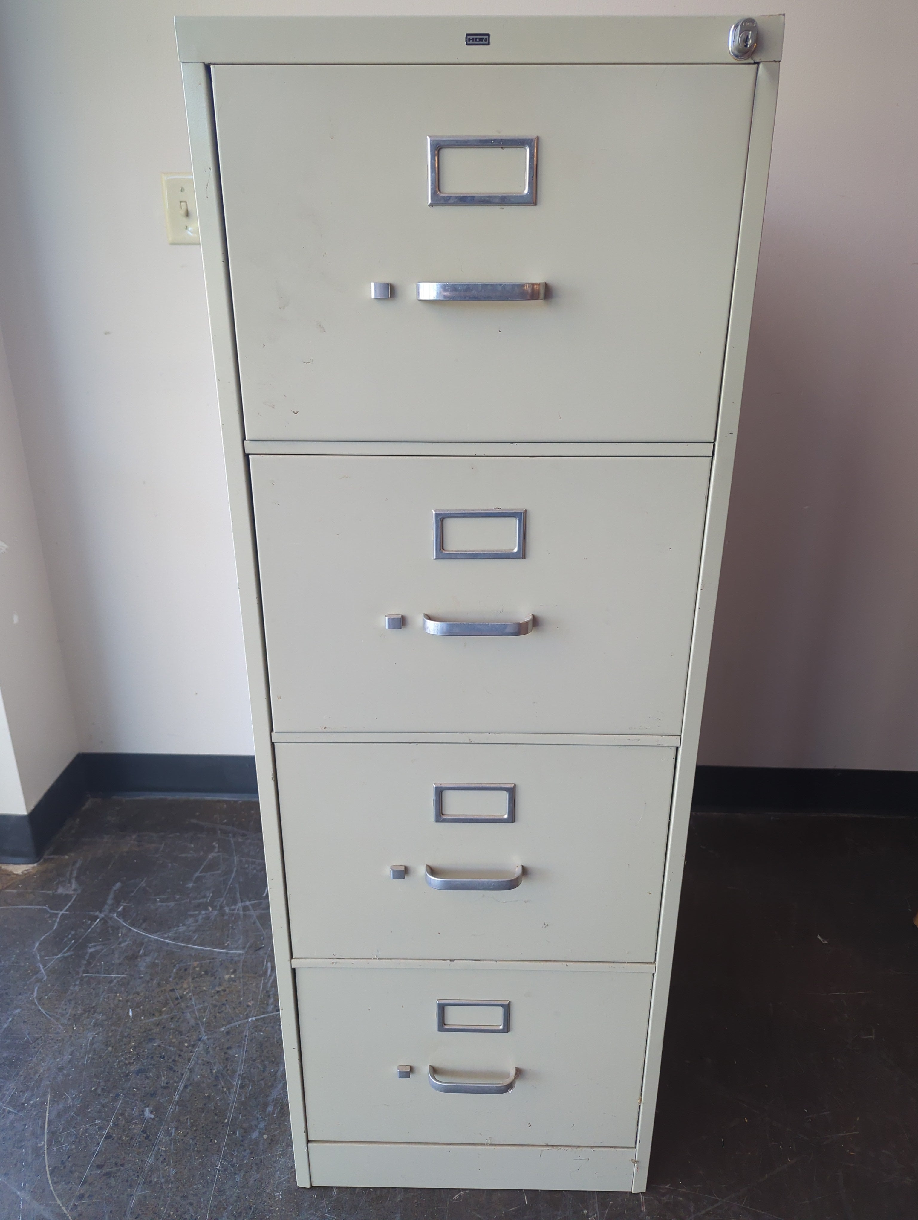 HON Four-Drawer Metal Filing Cabinet, Light Beige Office Storage