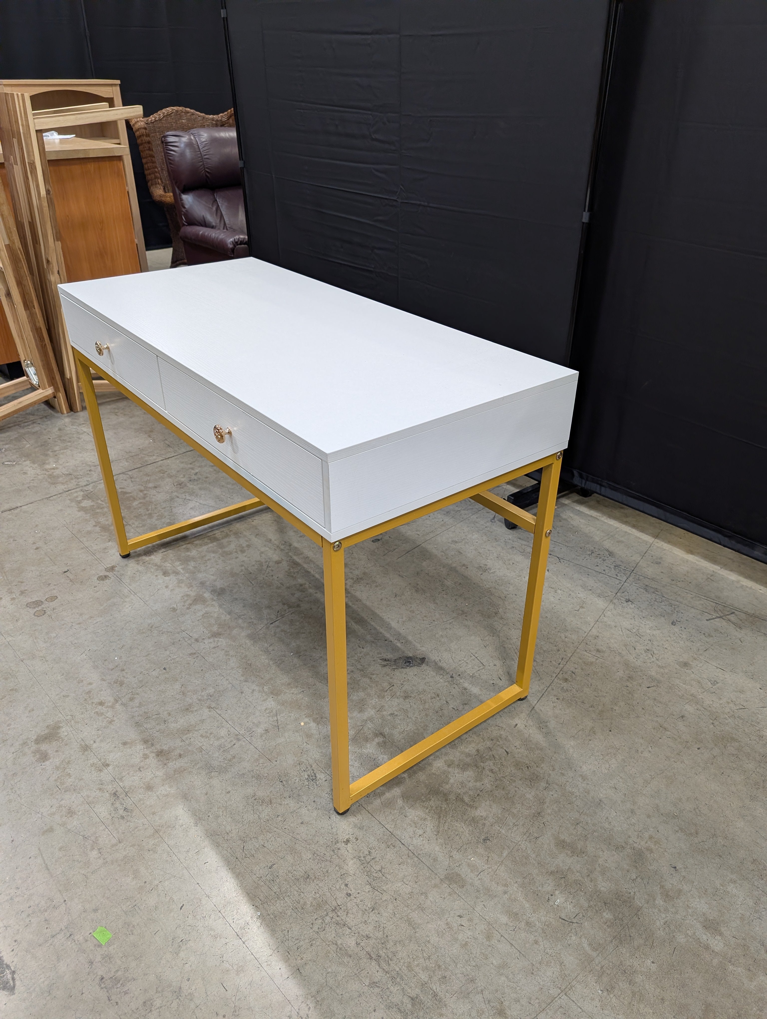 Modern Grey Wood Grain Desk with Gold Tone Metal Frame