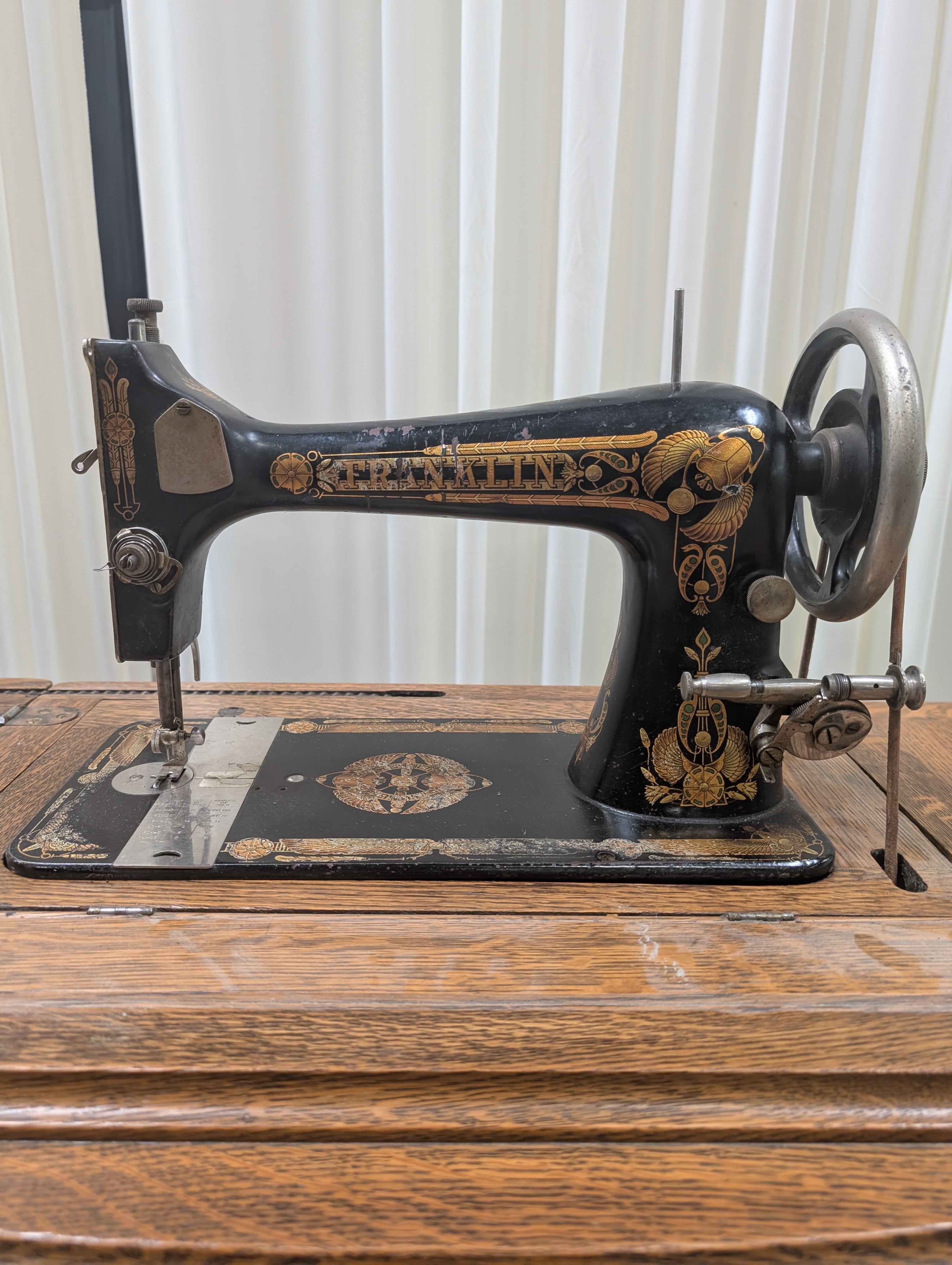 Oak Wood Antique Sewing Machine Cabinet with Ornate Details