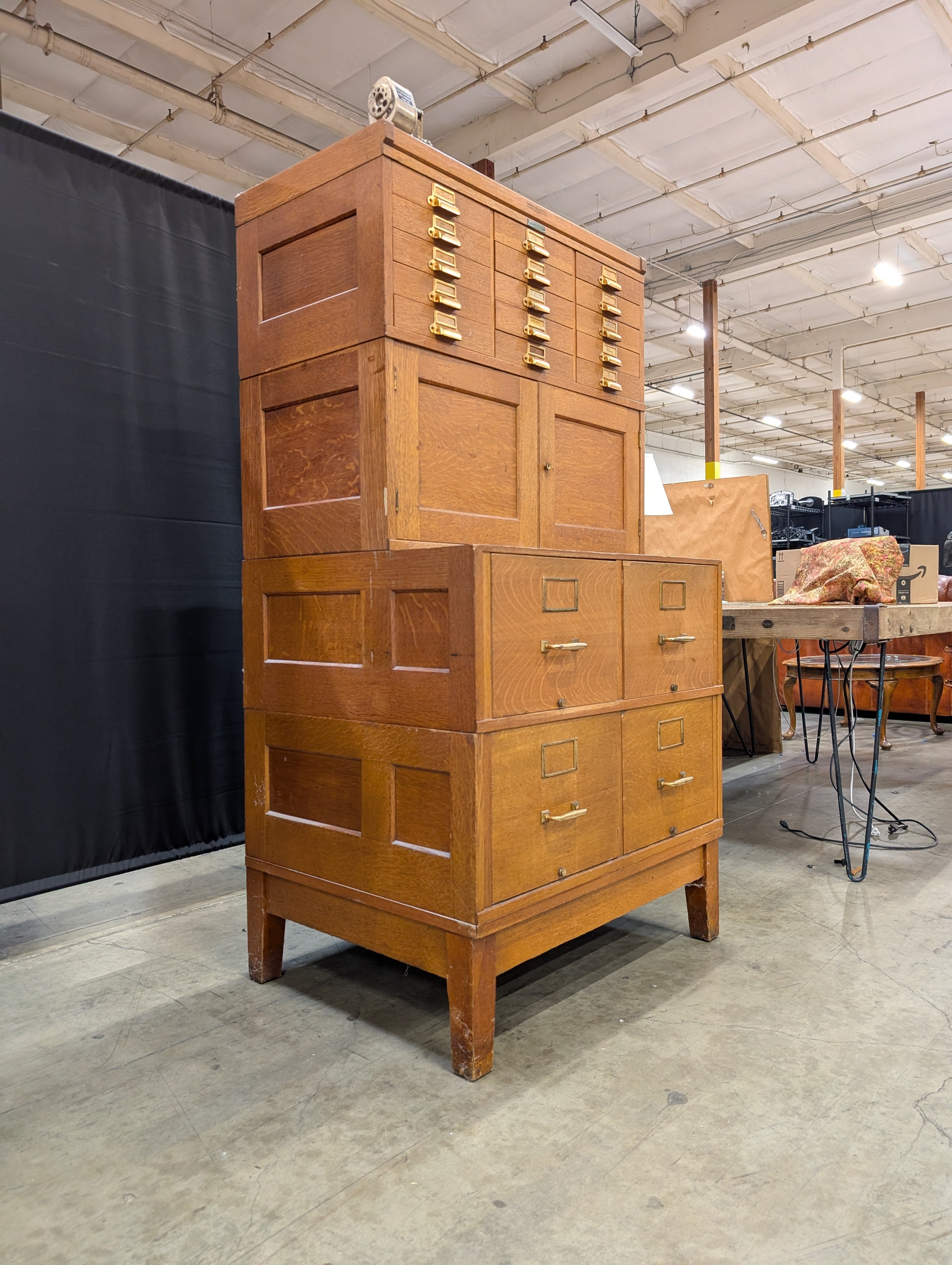 Vintage Yawman & Erbe Manufacturing Co. Oak Multi-Drawer Filing Cabinet with Brass Hardware