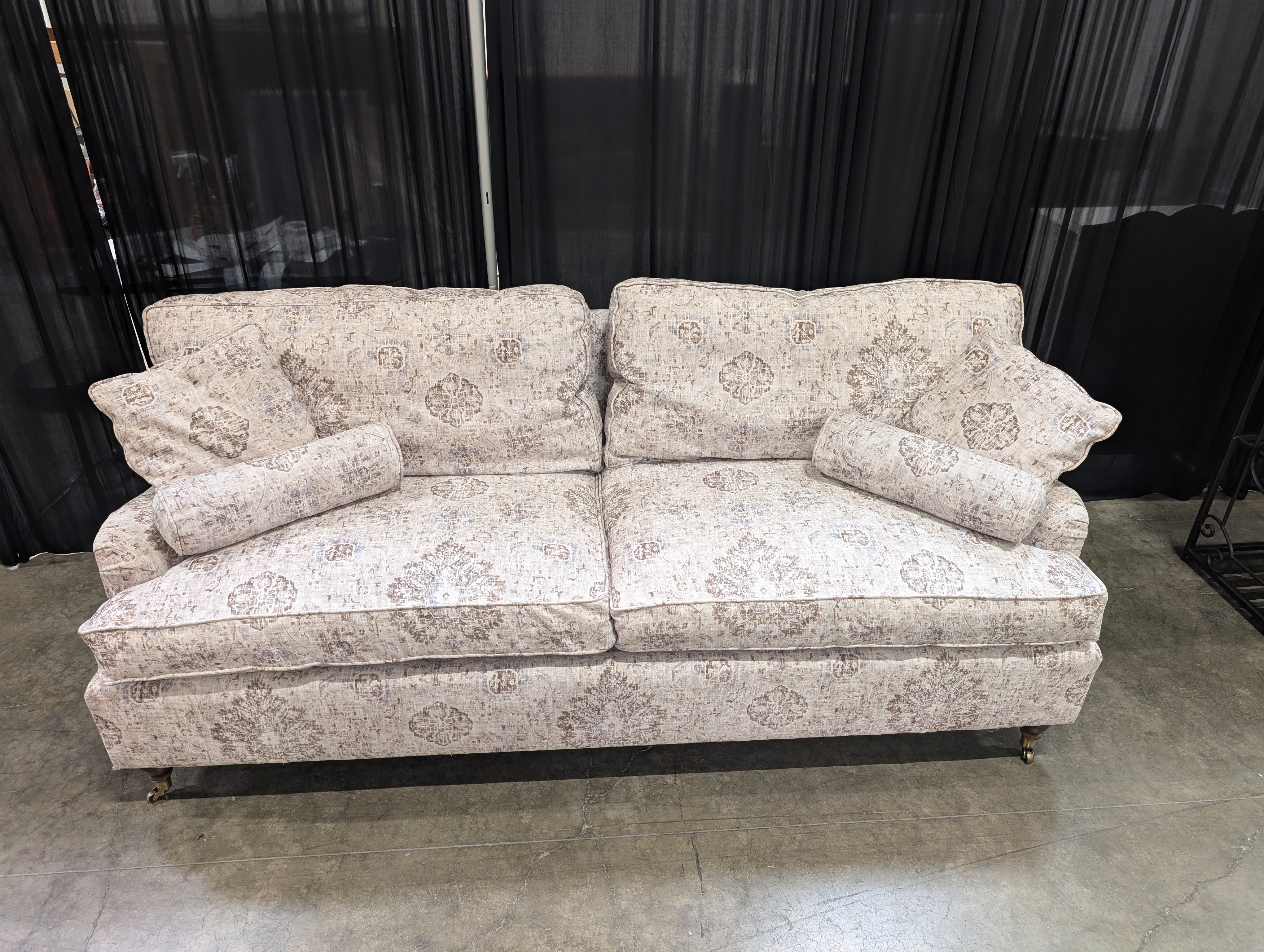 Traditional Patterned Fabric Couch with Rolled Arms