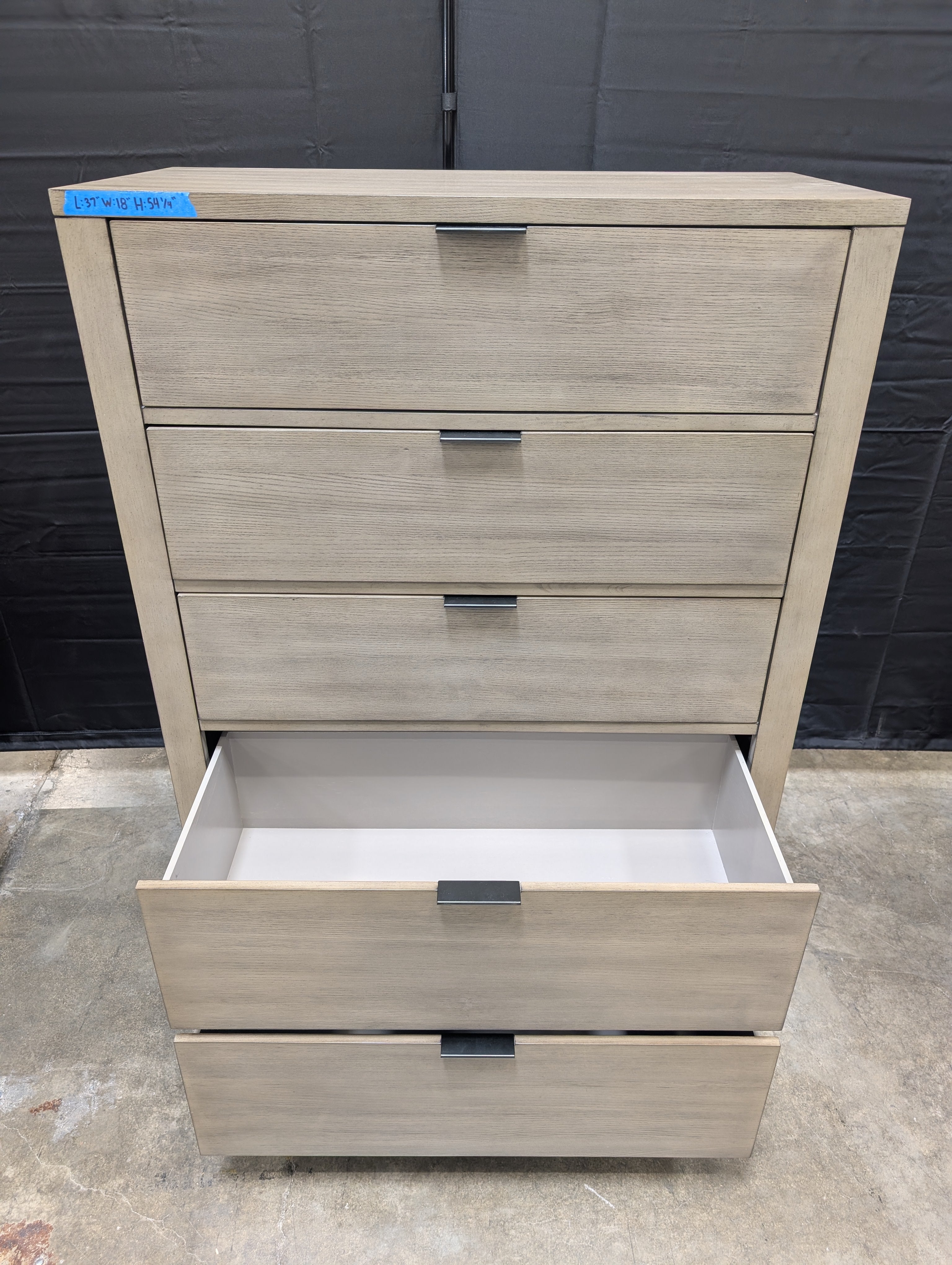 Grey Wood Five-Drawer Dresser with Metal Pulls