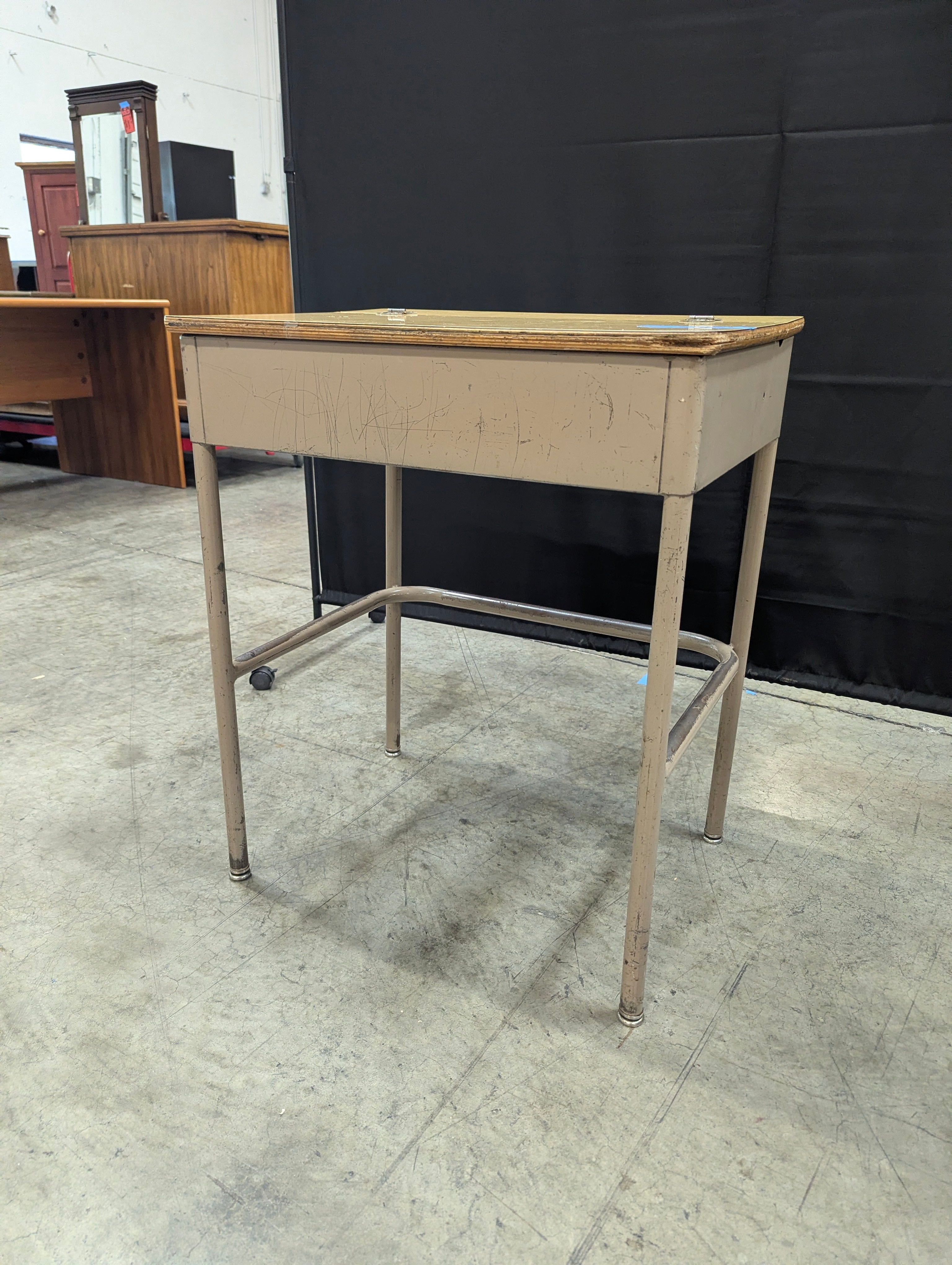 Vintage Light Wood Lift-Top School Desk with Metal Frame