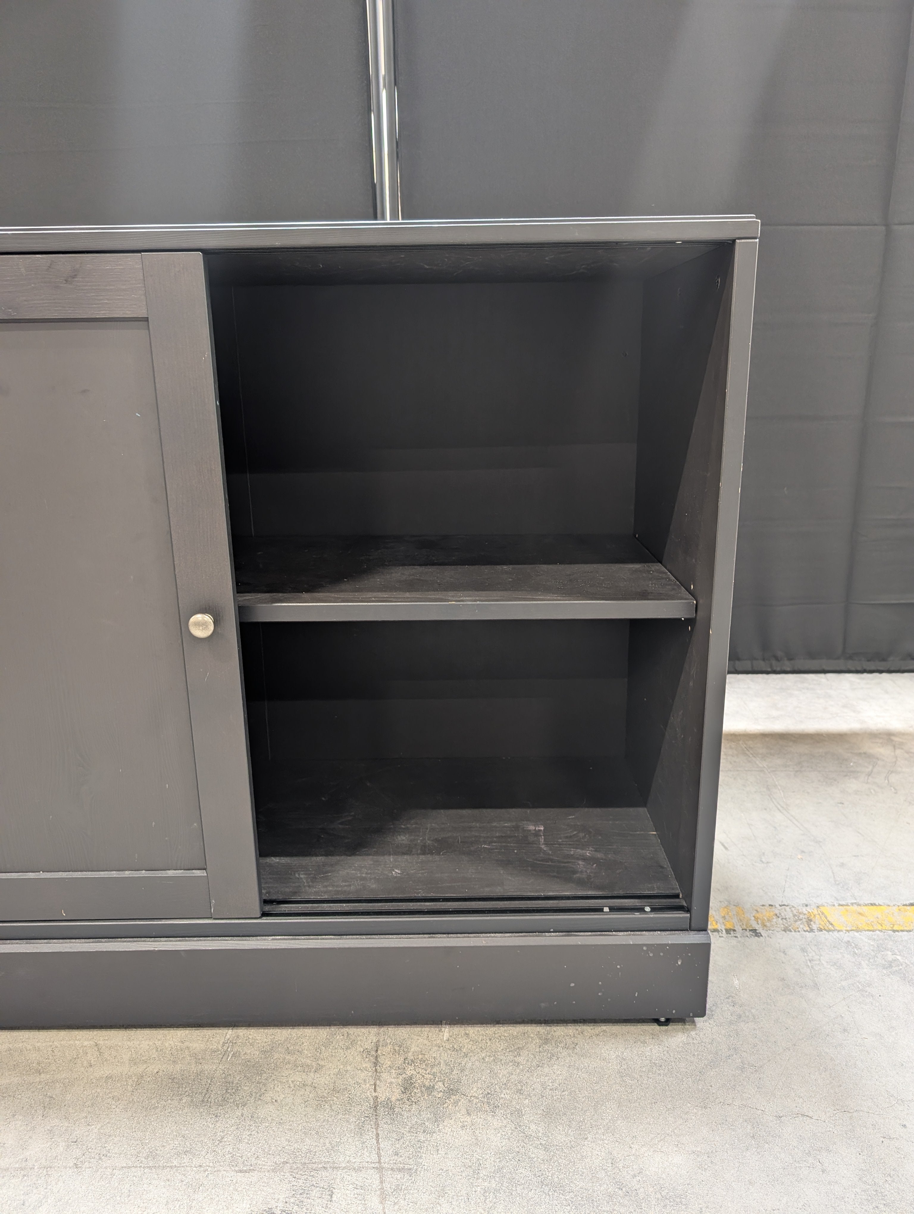 Dark Finish Sliding Door Storage Cabinet with Open Shelf Ikea Used