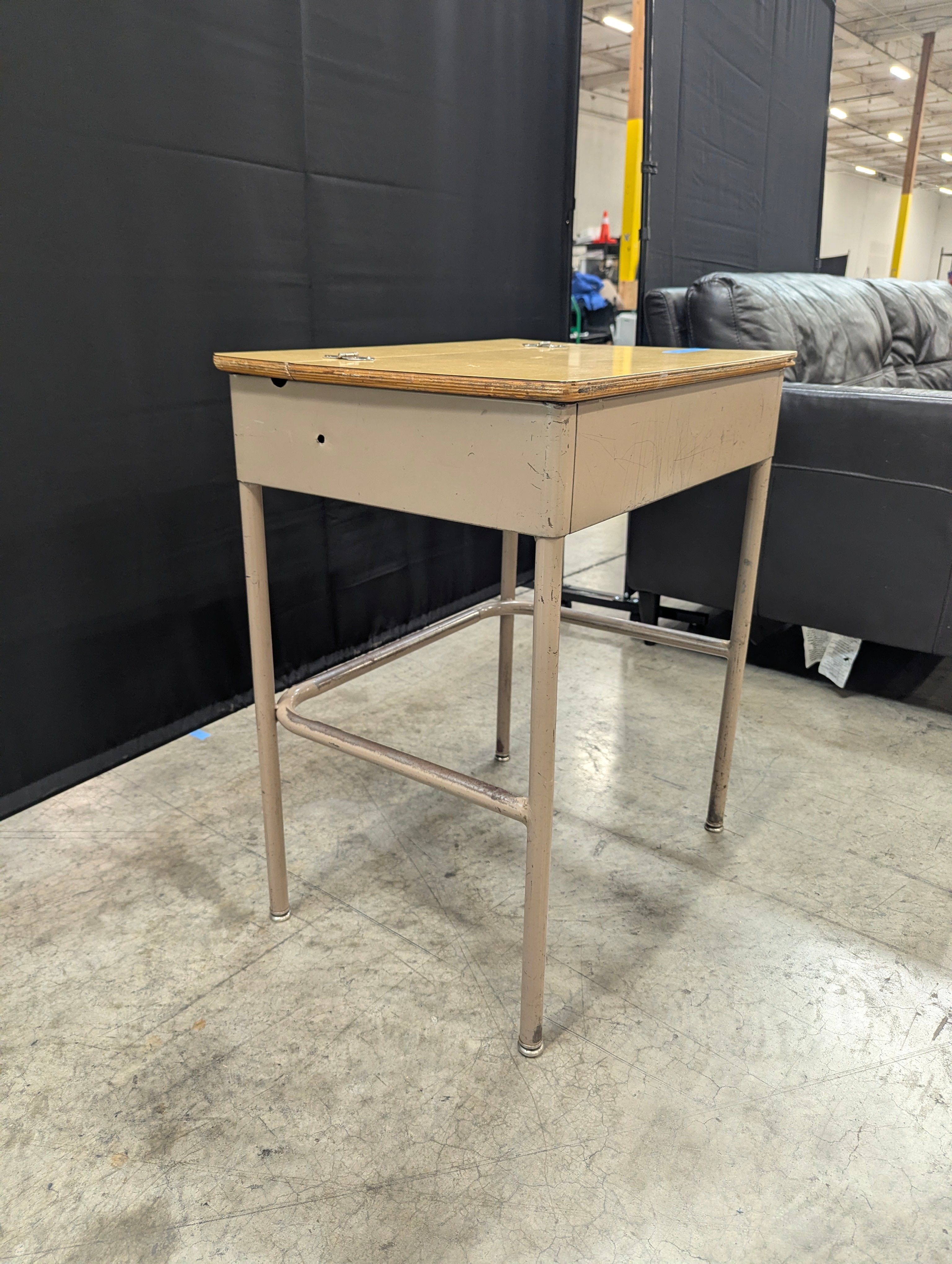 Vintage Light Wood Lift-Top School Desk with Metal Frame