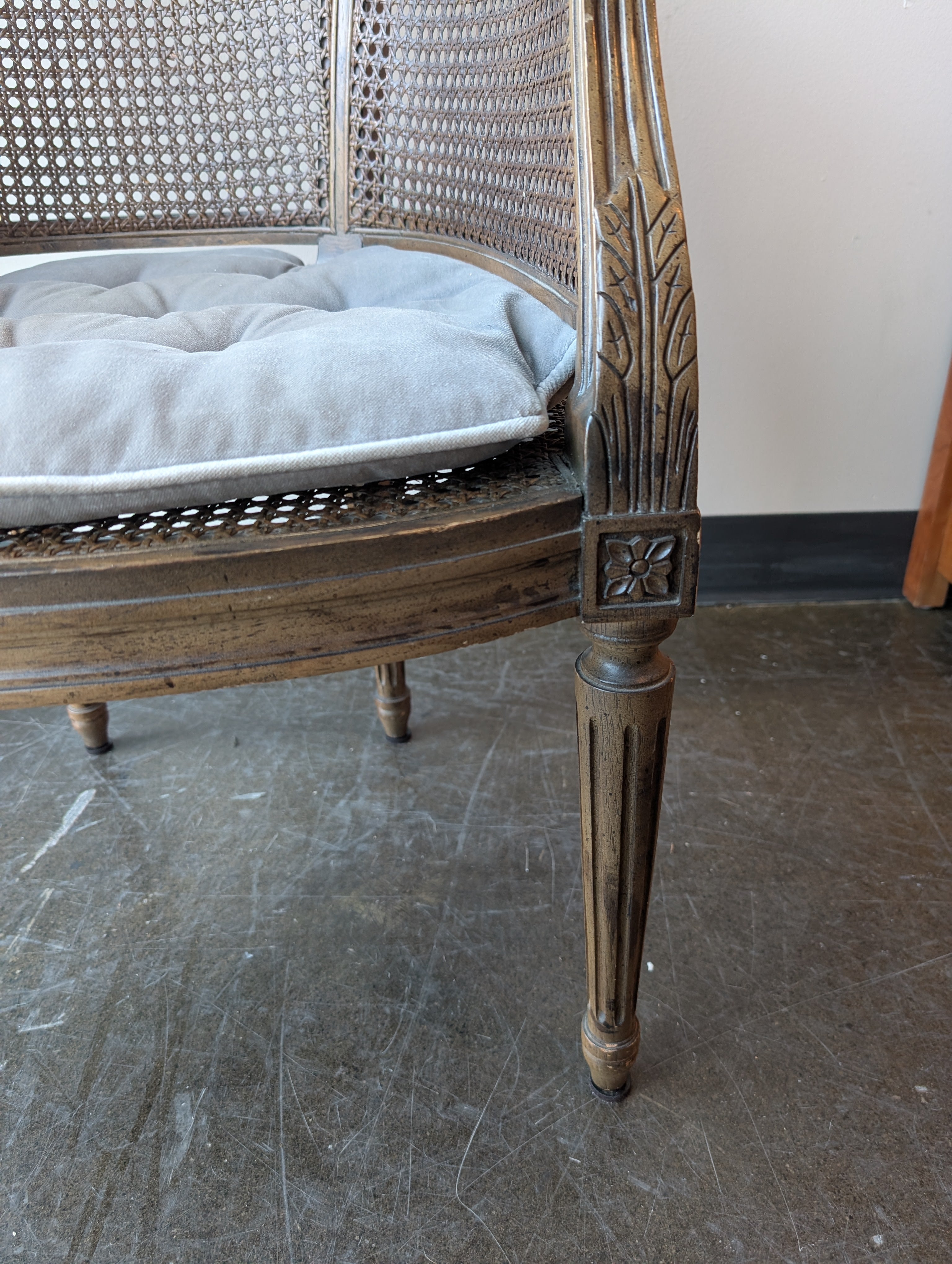 Vintage Cane Barrel Back Armchair with Tufted Cushion