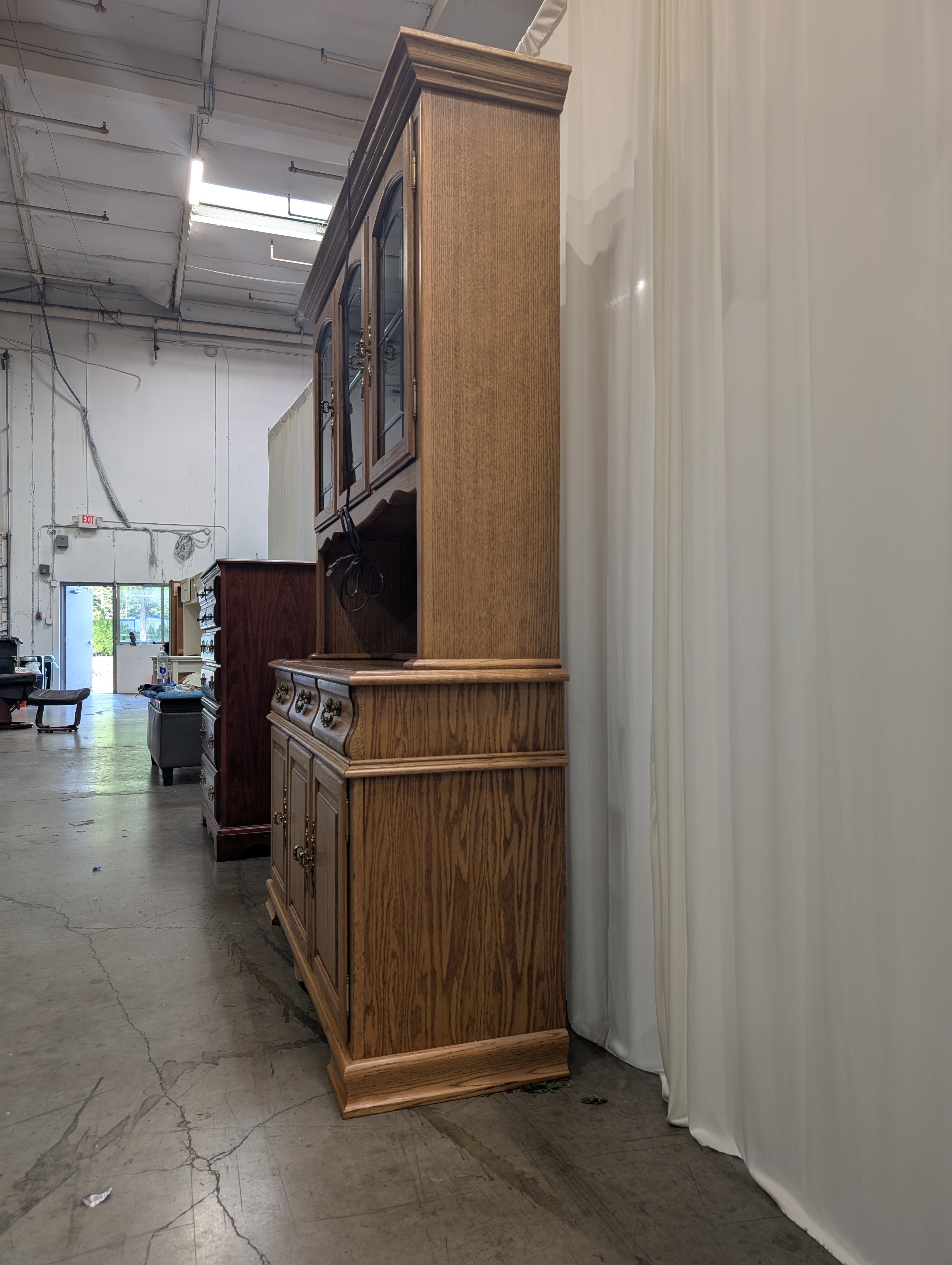 Golden Oak China Cabinet with Leaded Glass
