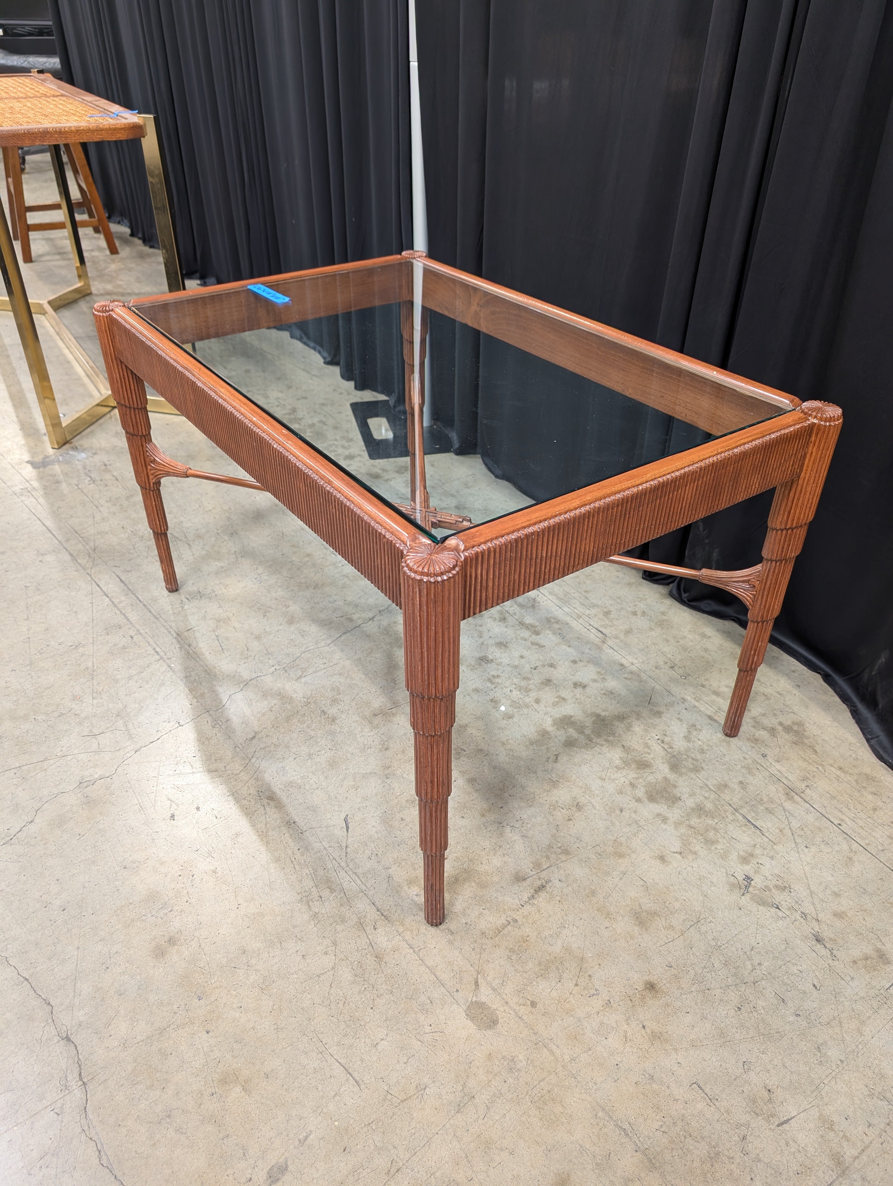 Carved Wood Rectangular Coffee Table with Glass Top