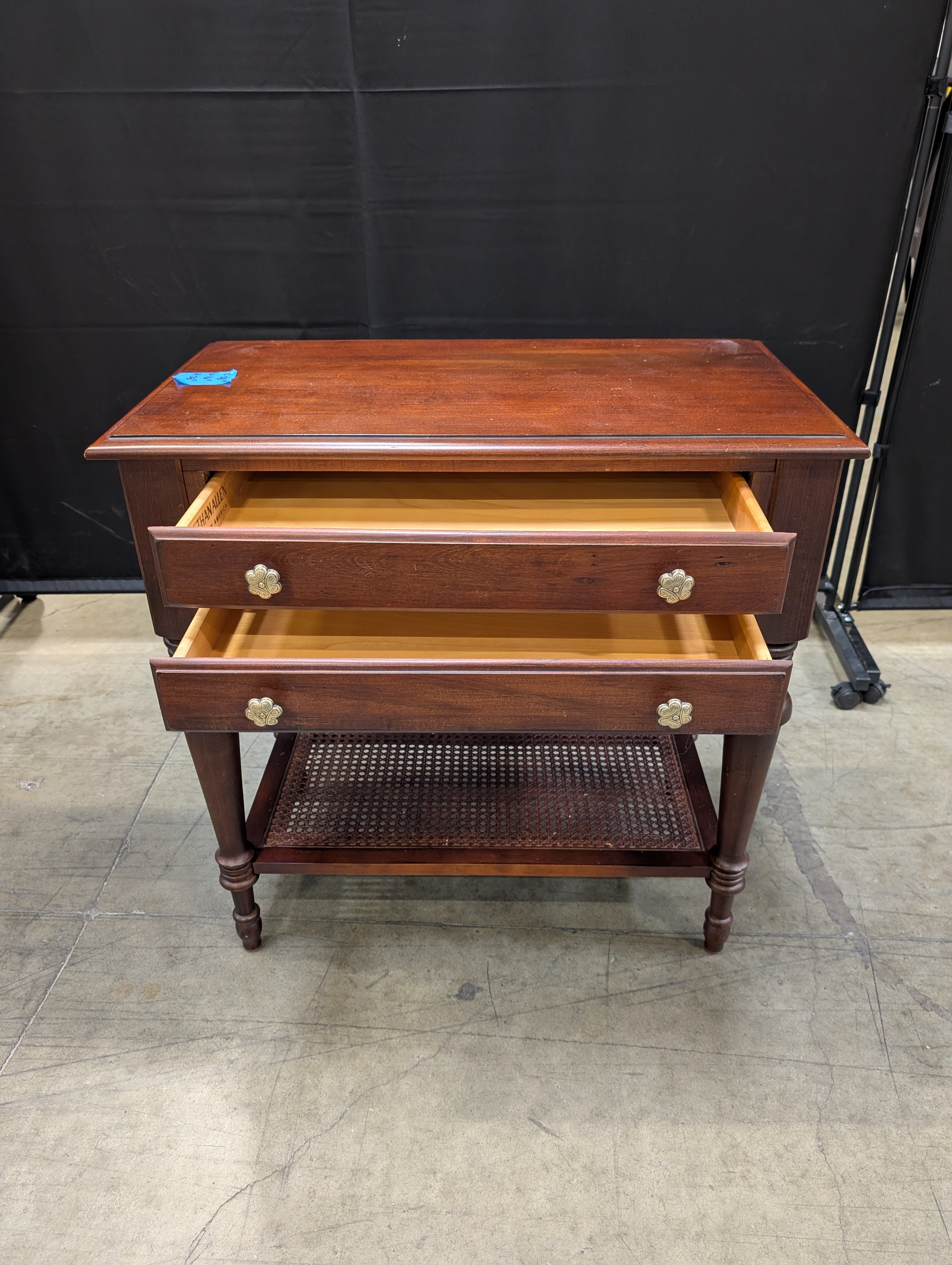 Mahogany Finish Wood ETHAN ALLEN Side Table with Cane Shelf