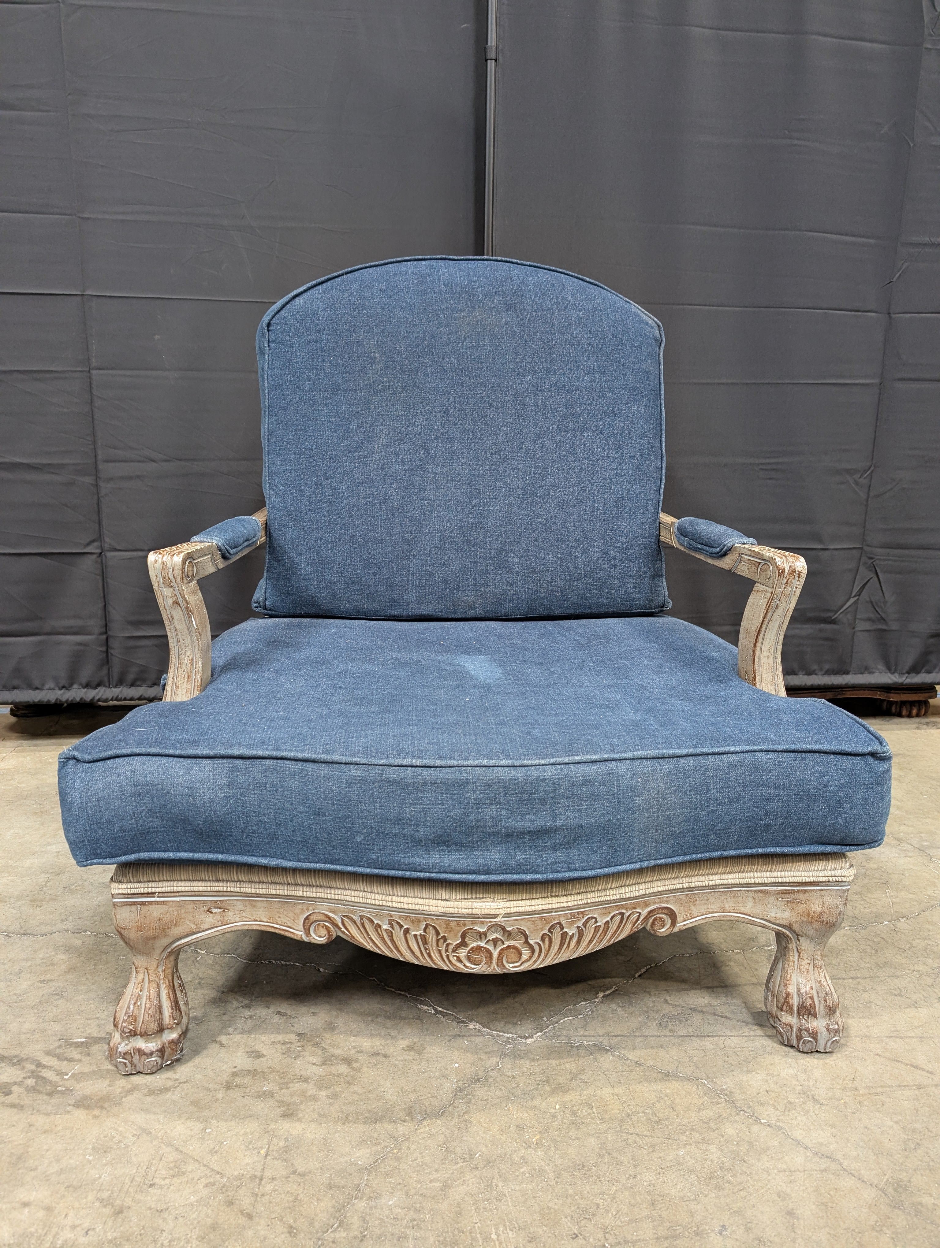 Vintage Style Blue Upholstered Armchair with Carved Wood Frame