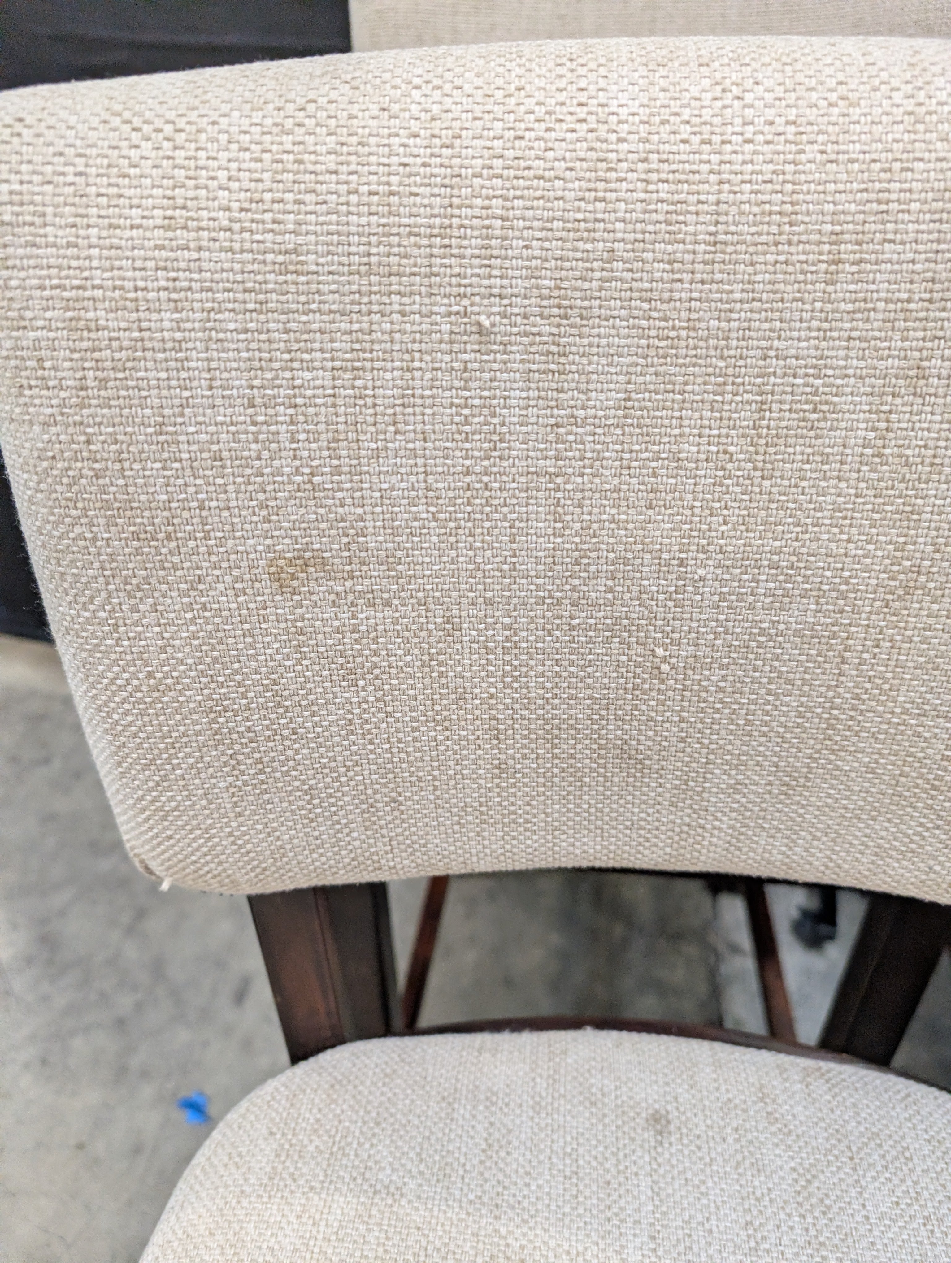 Set of Four Beige Fabric Upholstered Bar Height Dark Wood Dining Chairs