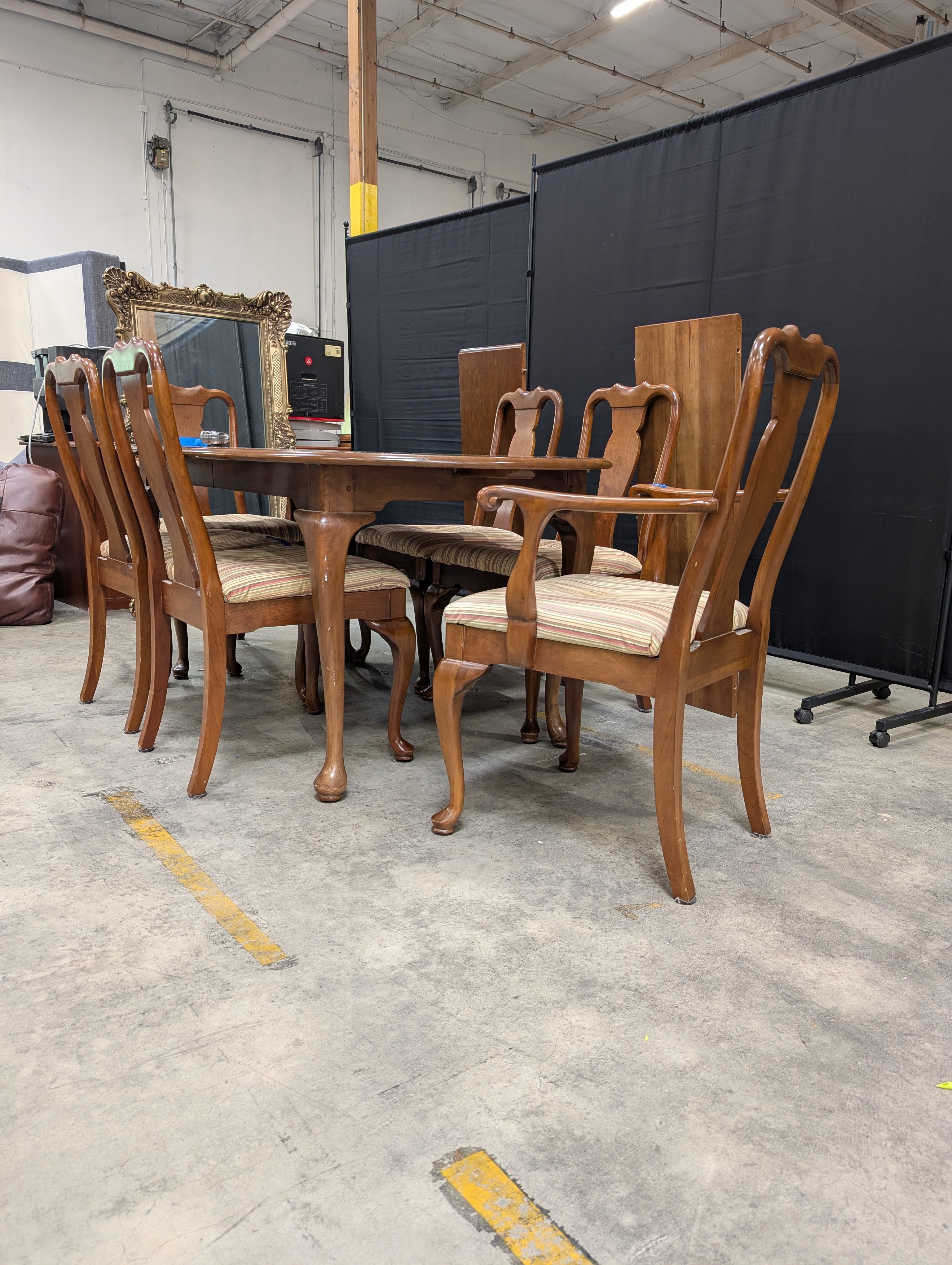 L. & J.G. Stickley Furniture Wood Dining Table with Leafs and Set of Six Carved Back Chairs