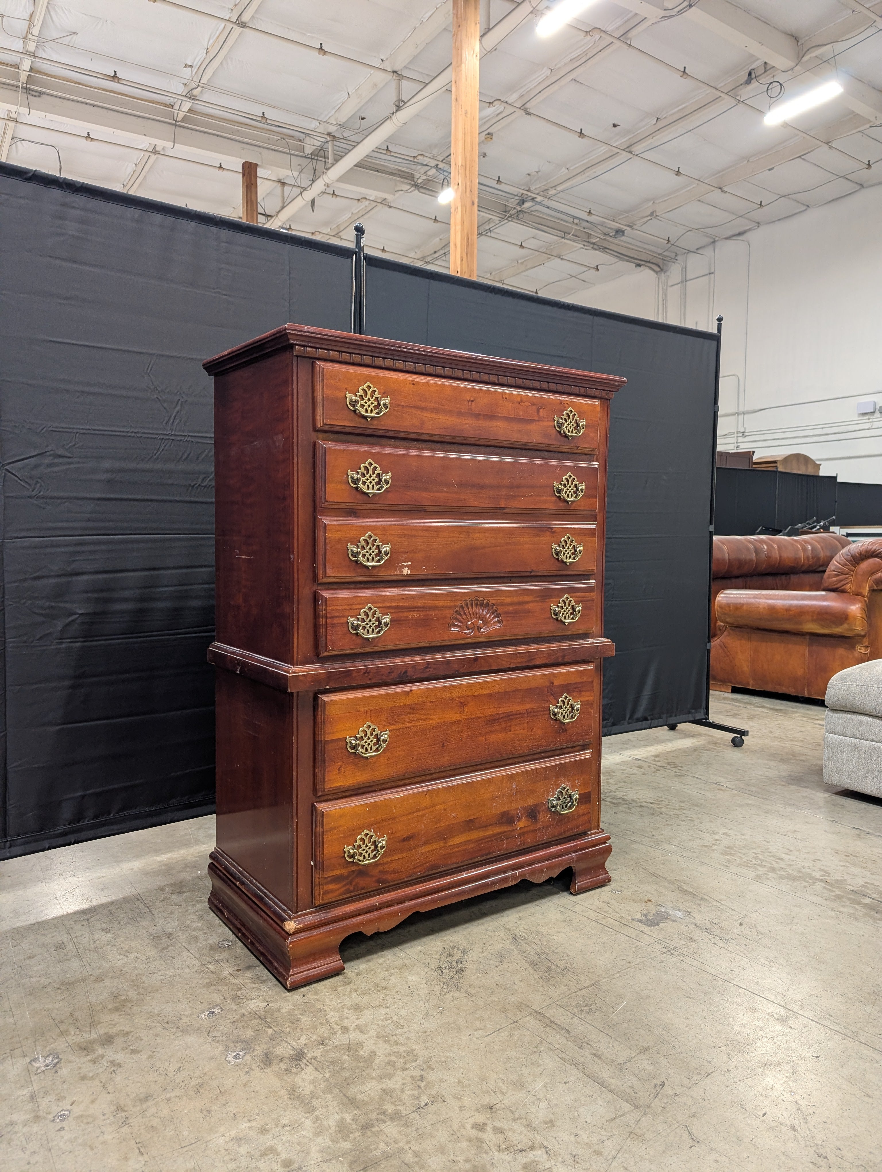 Classic Cherry Finish Tall Chest of Drawers with Brass Hardware