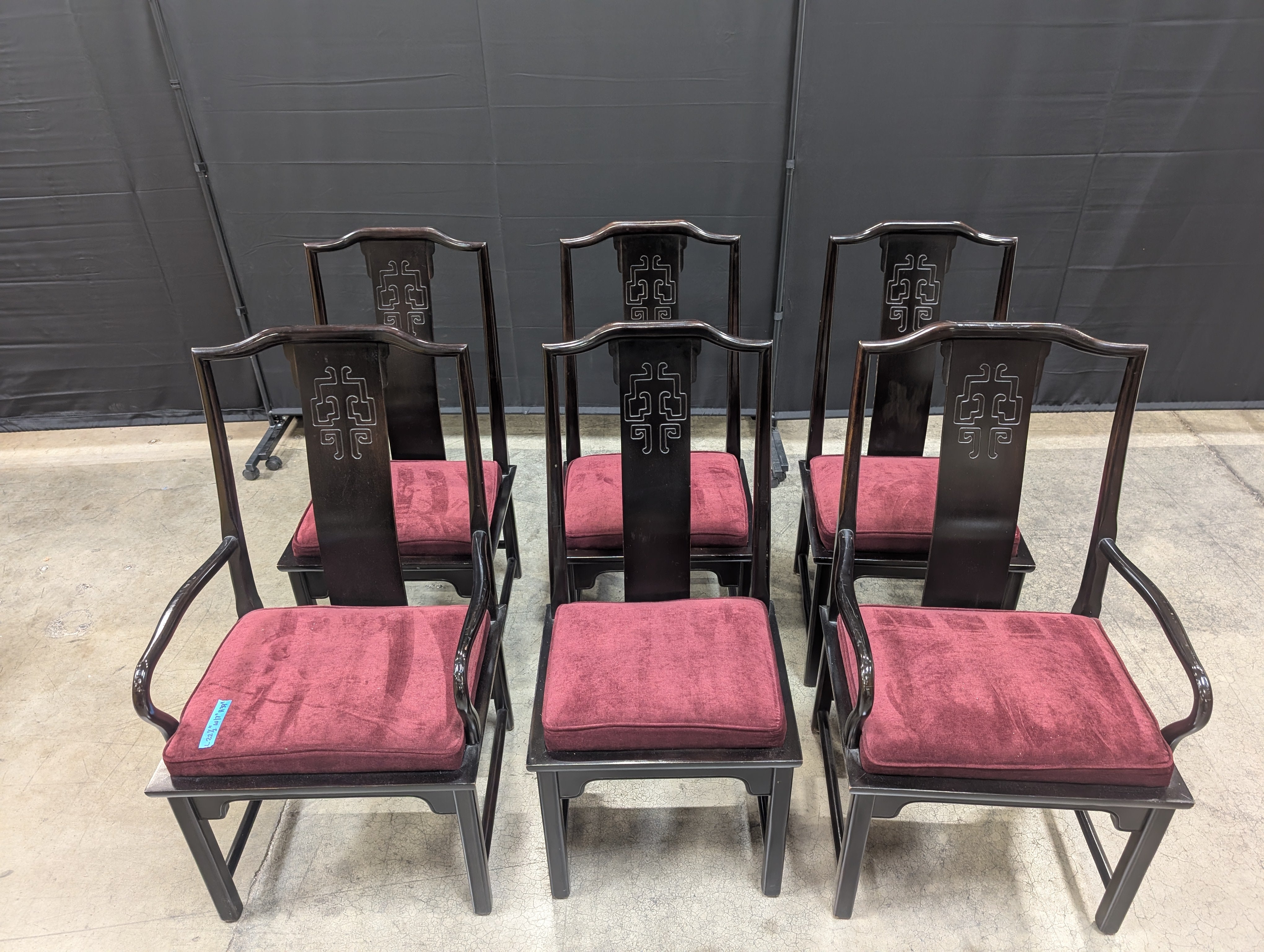 Set of Six Century Furniture INC. Black Lacquer Dining Chair with Burgundy