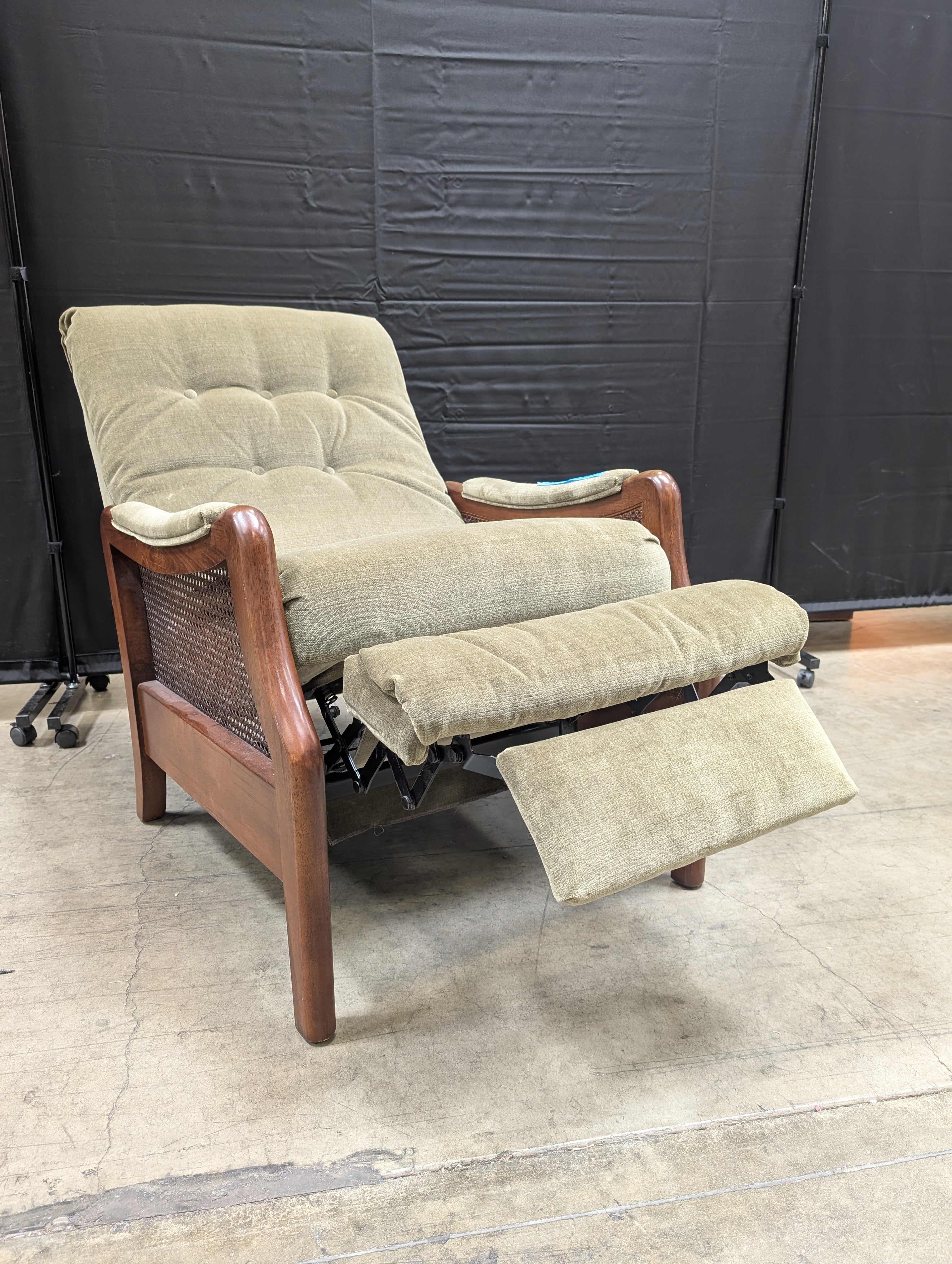 Vintage Green Velvet Recliner Chair with Cane Accents
