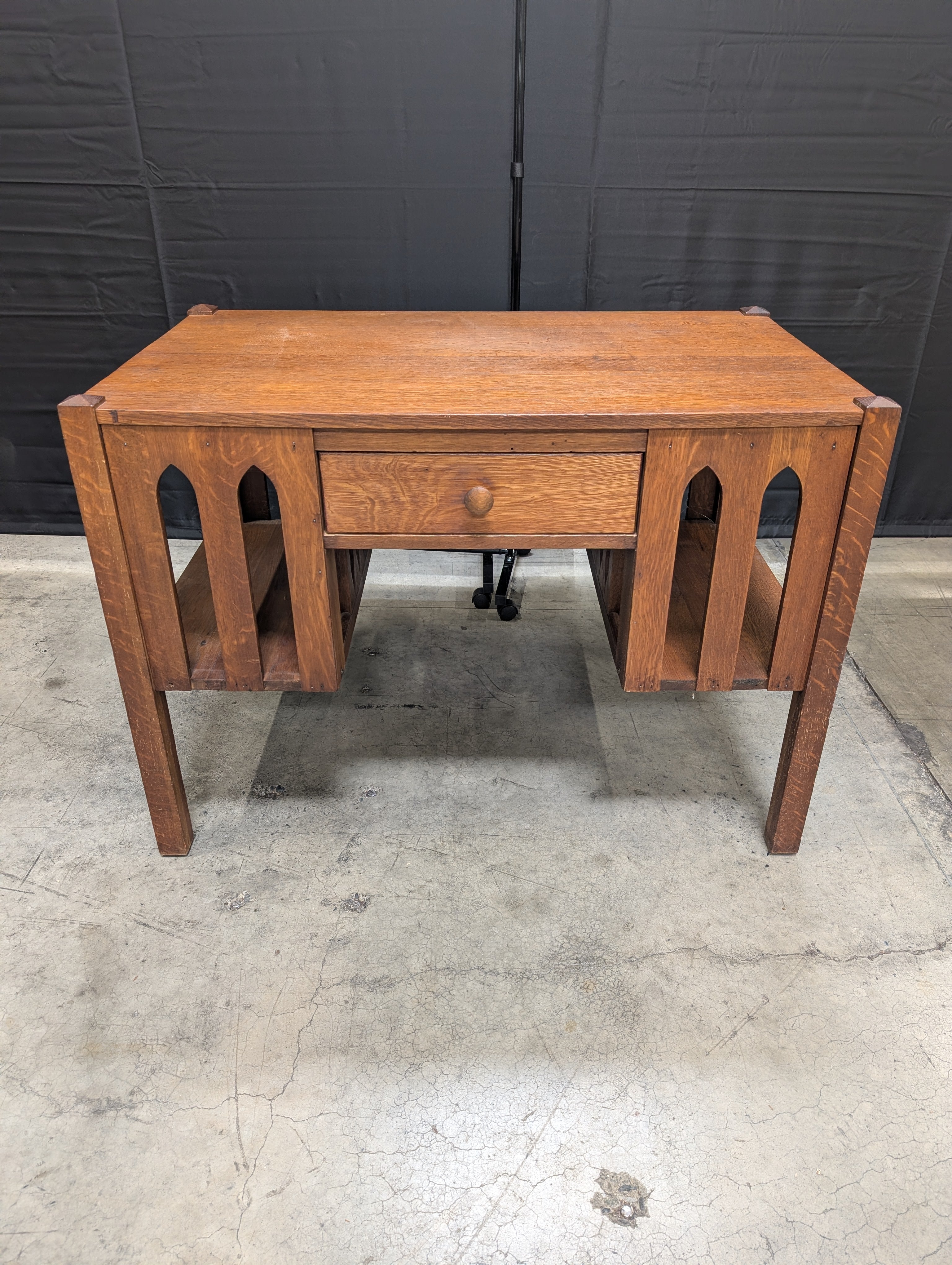 Vintage Dark Stained Wood Writing Desk with Arched Side Panels