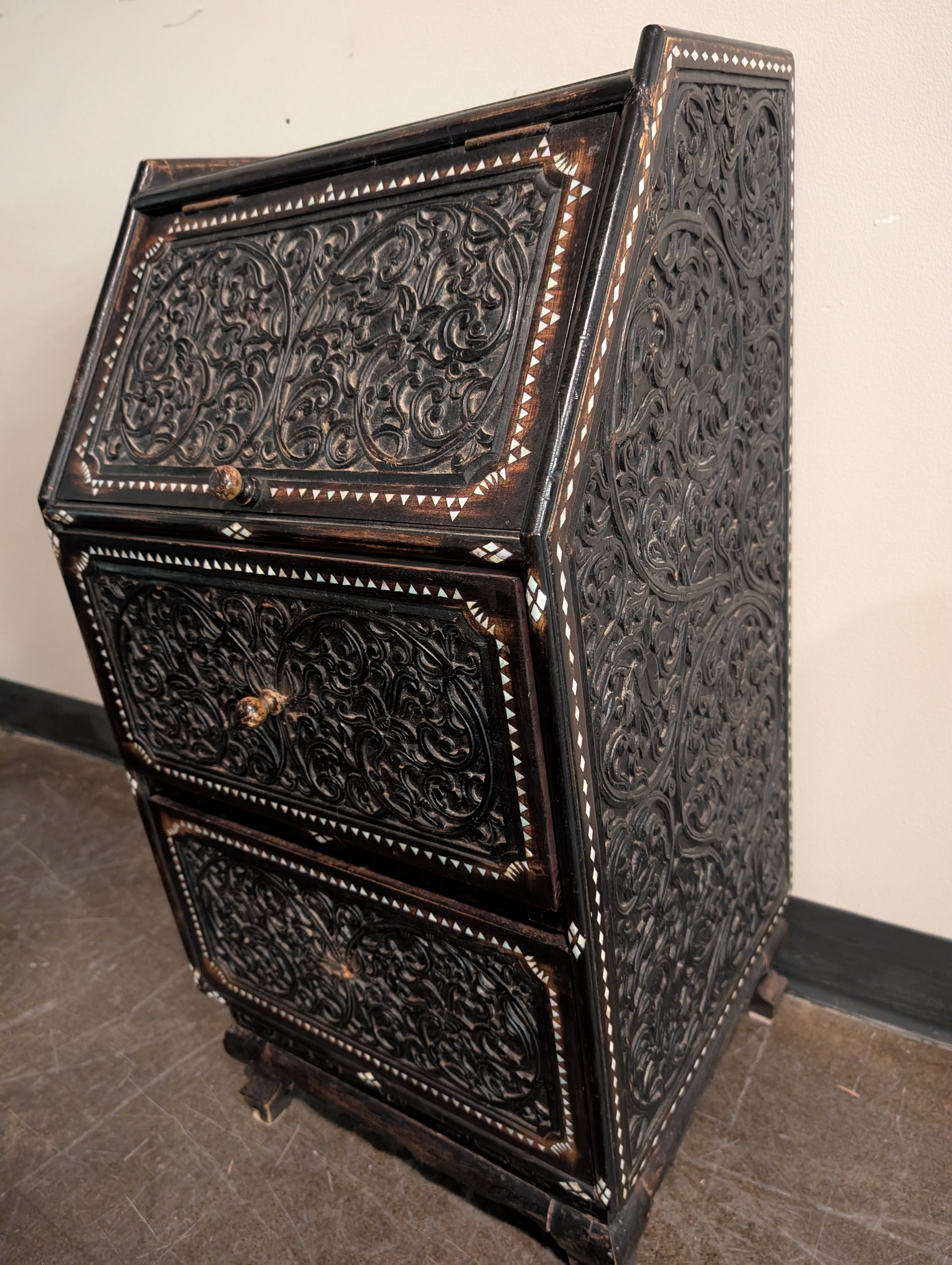Intricate Carved Dark Wood Inlay Secretary Desk
