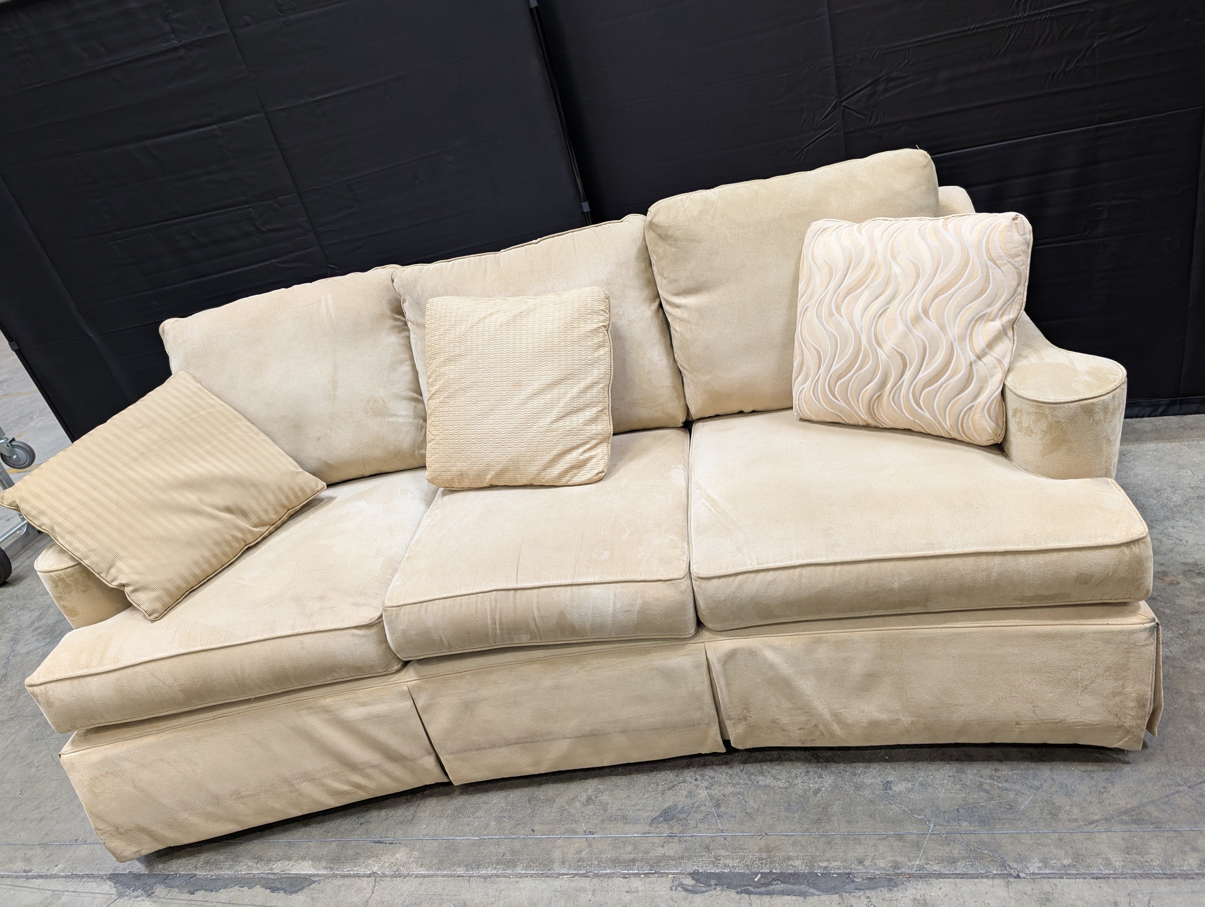 Clayton Marcus Beige Upholstered Three-Seat Sofa with Accent Pillows