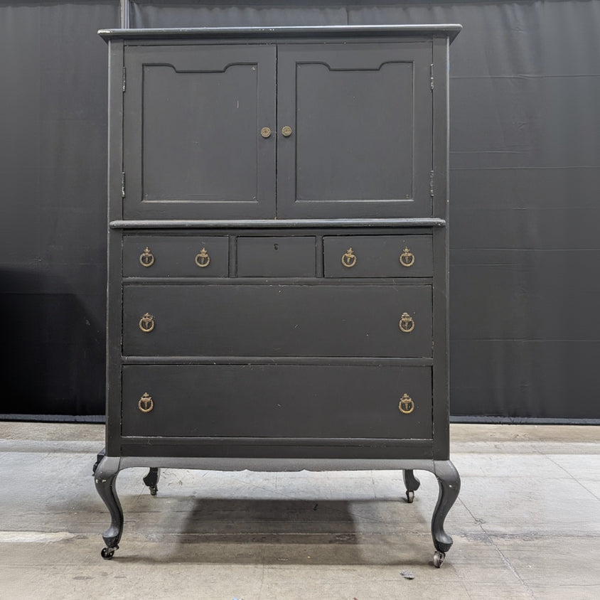 Vintage Hickory Furniture Co. Black Painted Queen Anne Chifforobe Armoire Dresser on Casters/Wheels