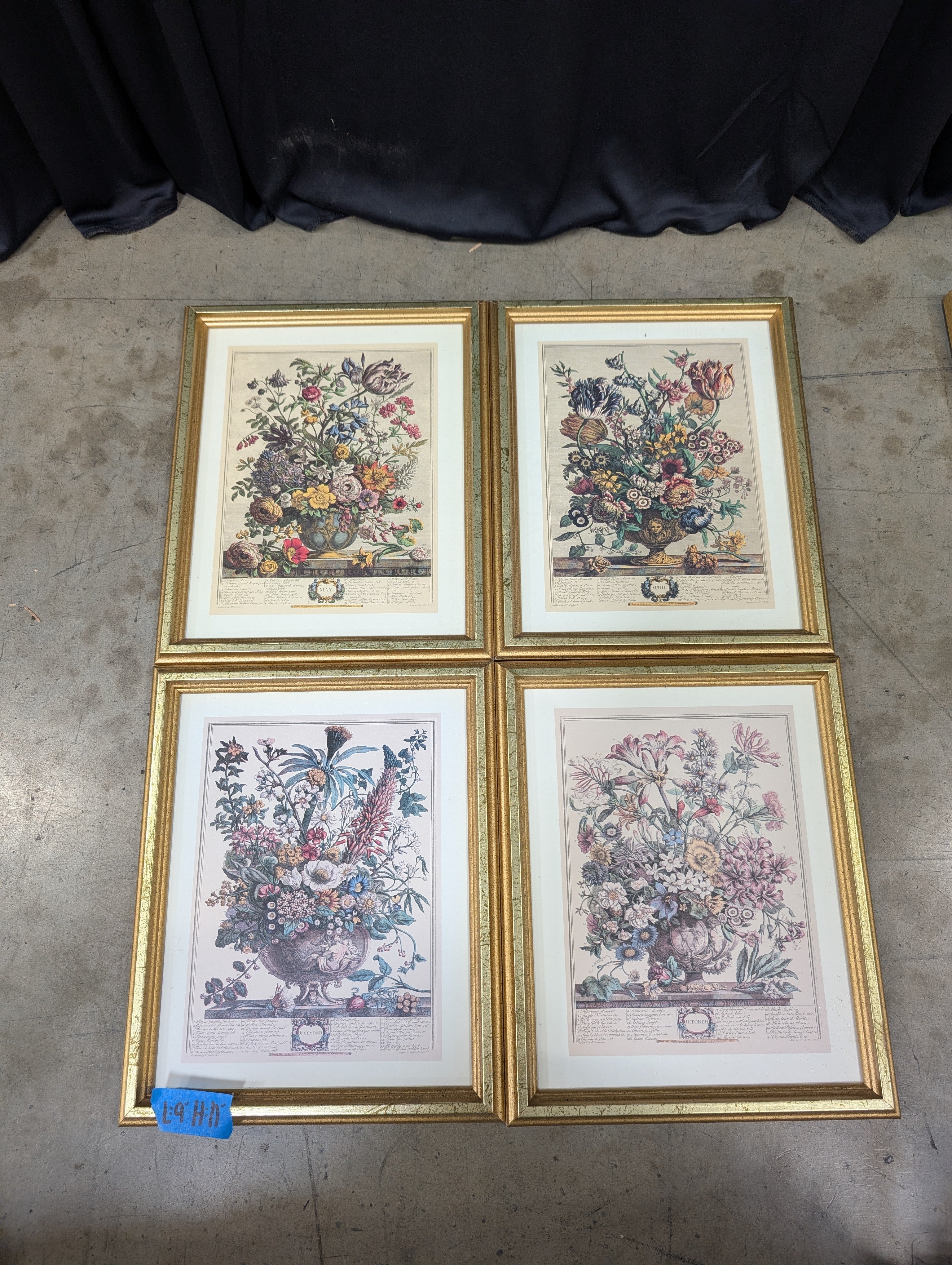 Set of four Vintage Floral Botanical Framed Art in Gold