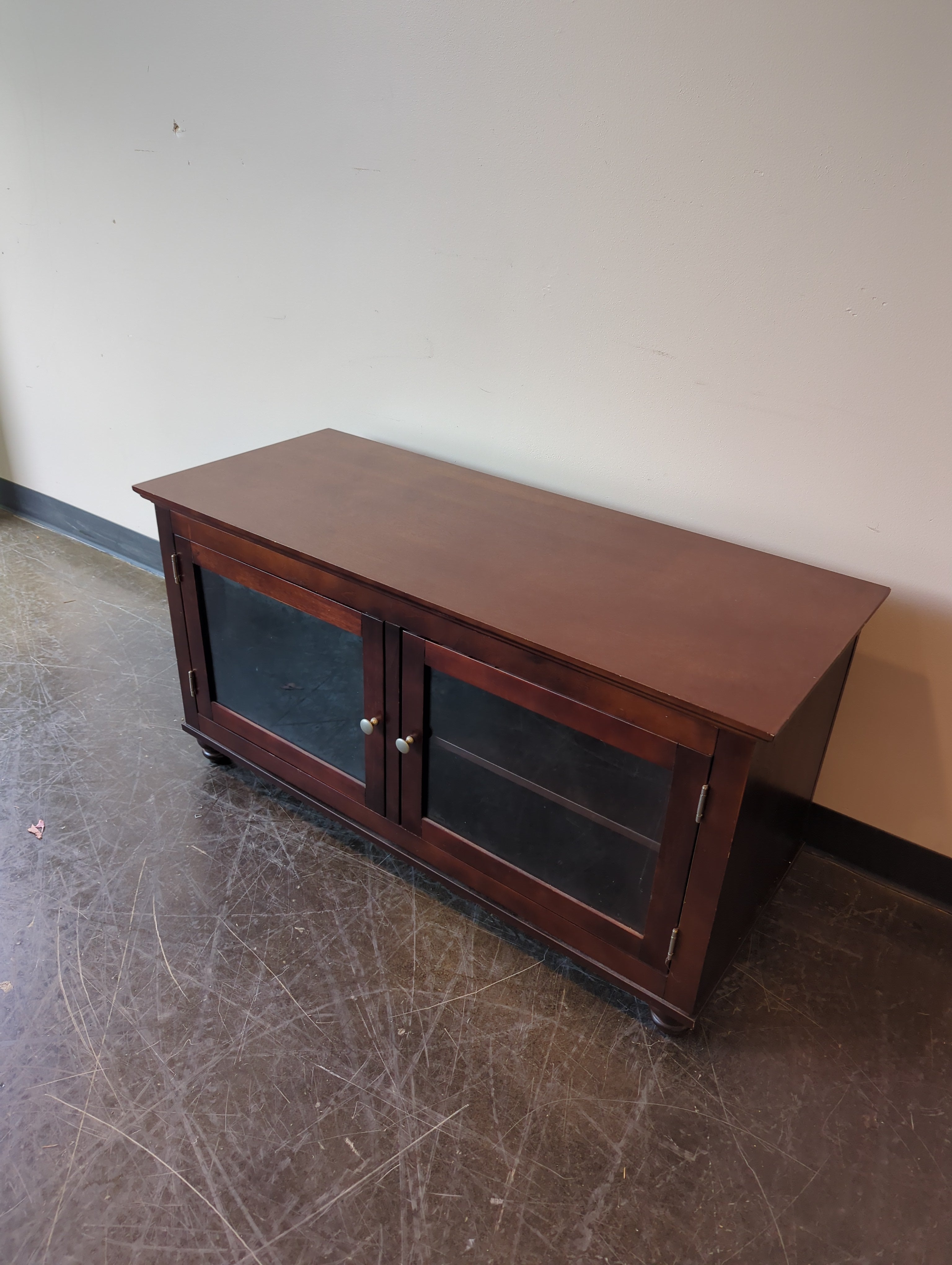 Reddish-Brown Wood Media Console with Glass Doors