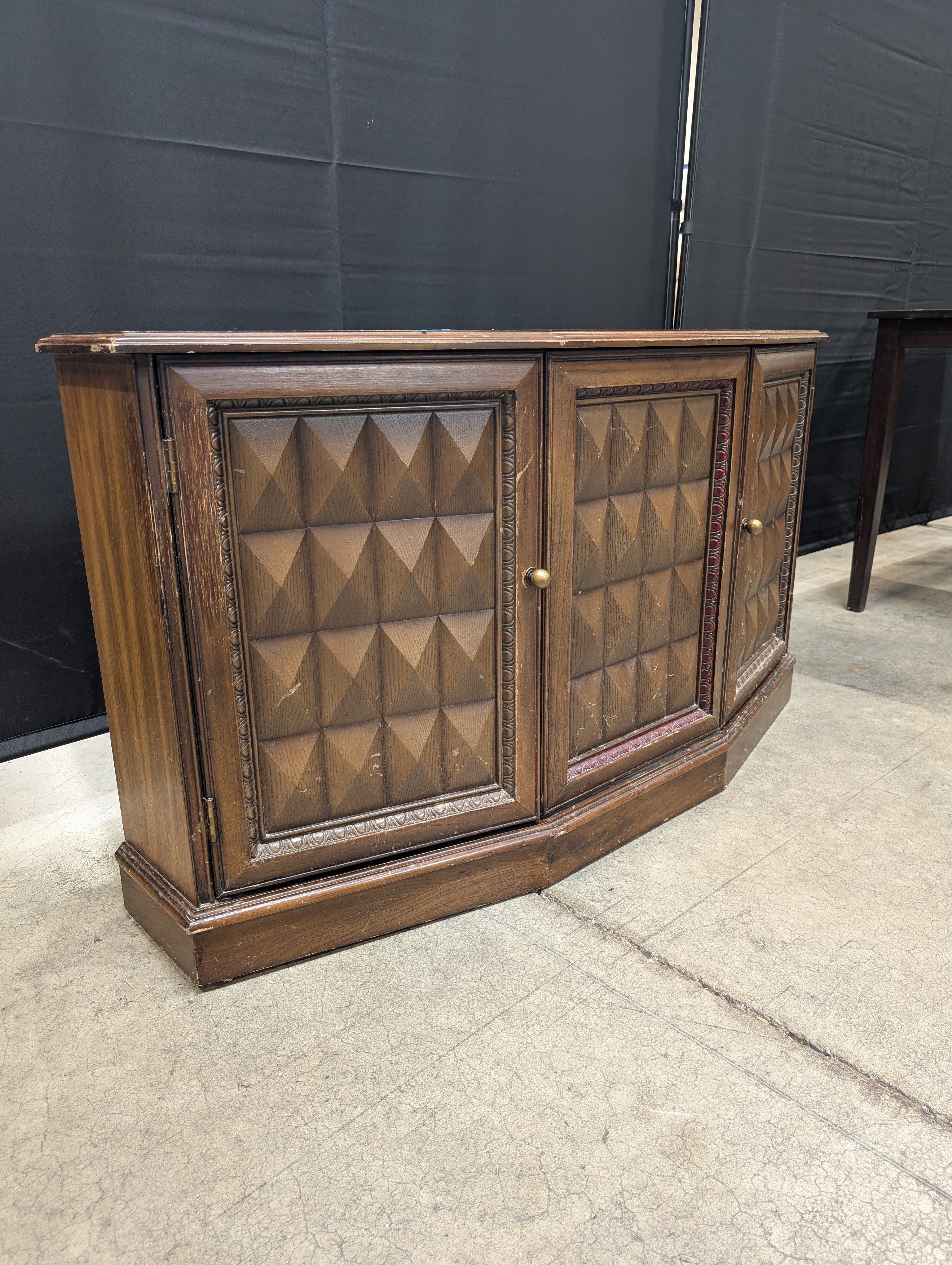 Vintage Dark Wood Corner Storage Cabinet with Geometric Doors