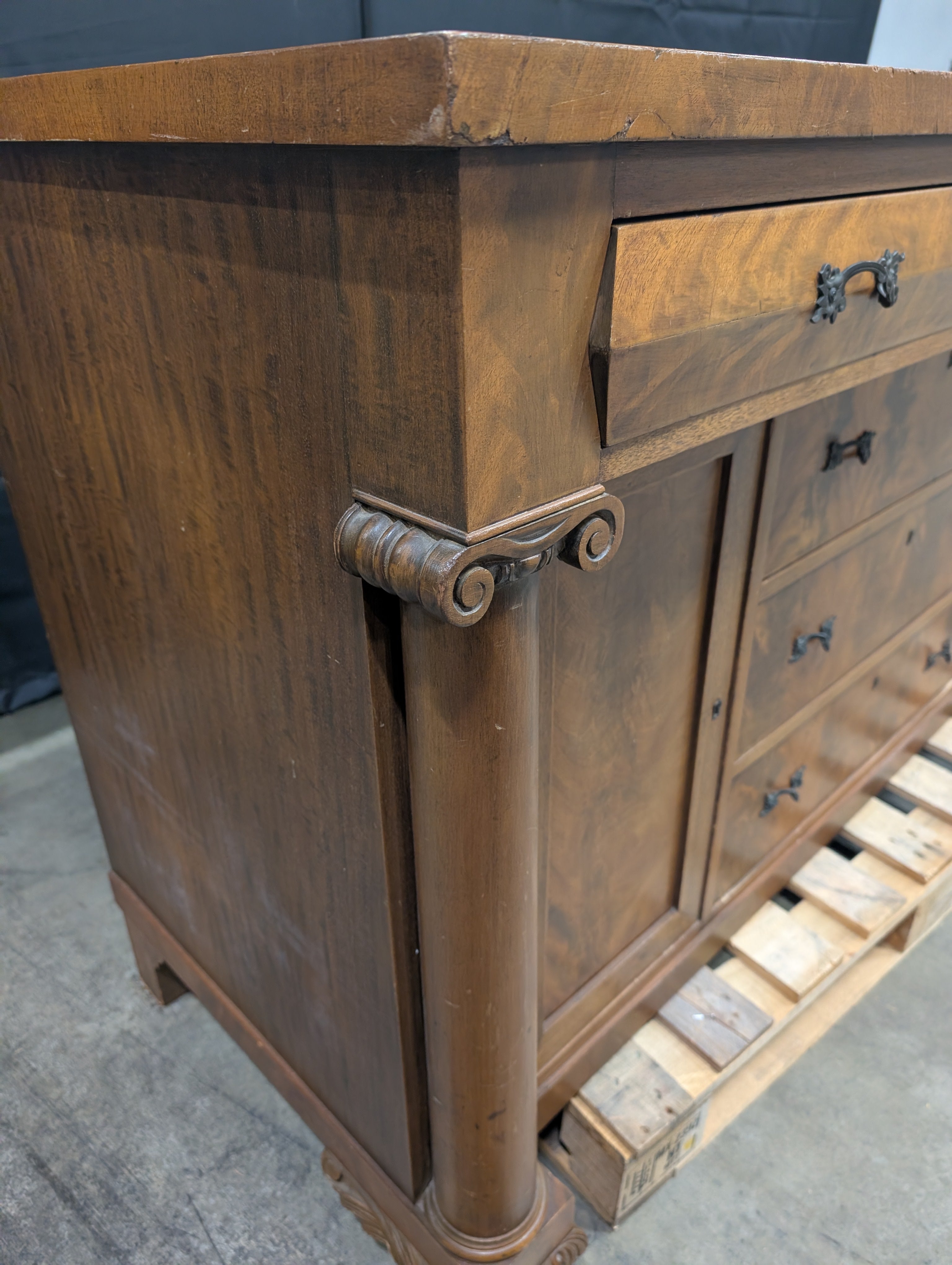 Vintage Wood Sideboard with Ornate Hardware and Fluted Columns