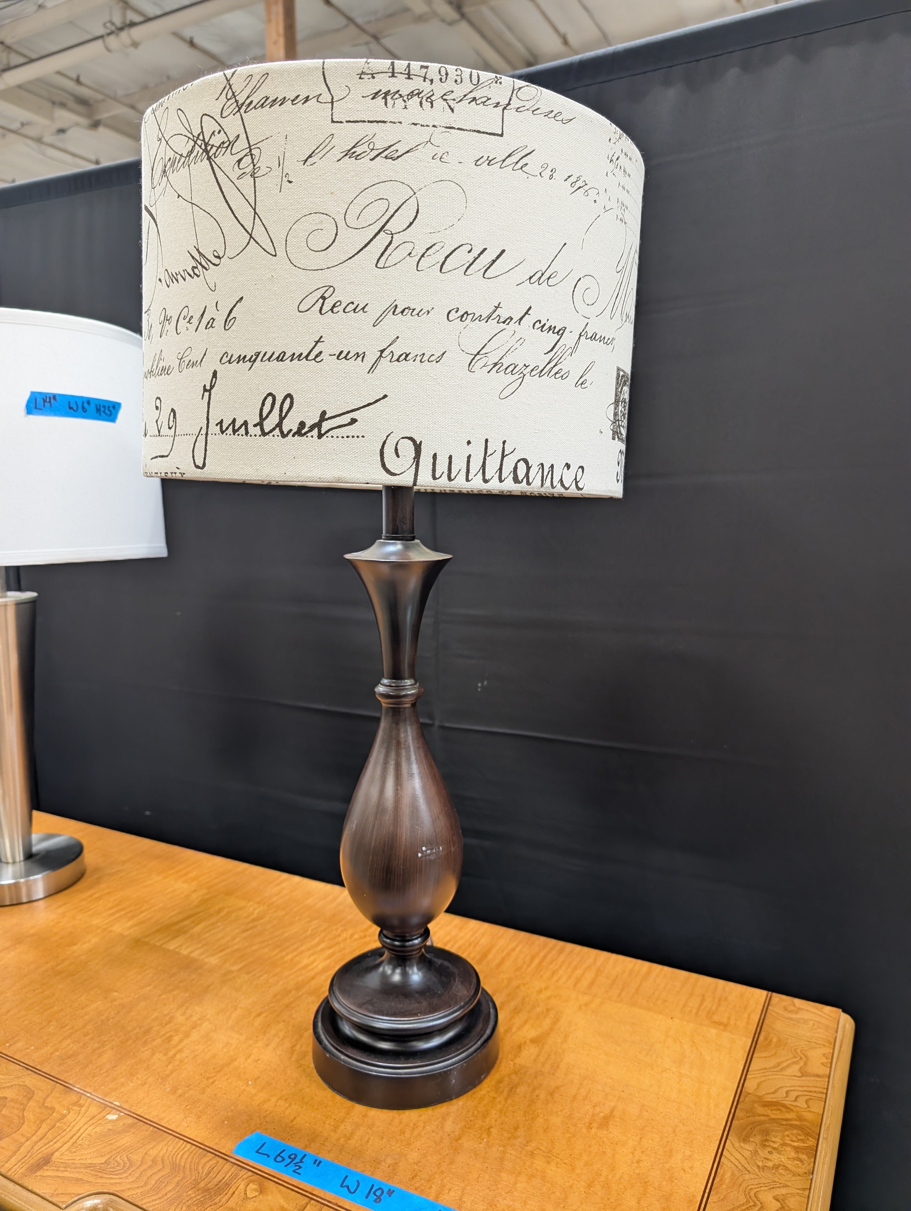 French Script Calligraphy Drum Shade Table Lamp