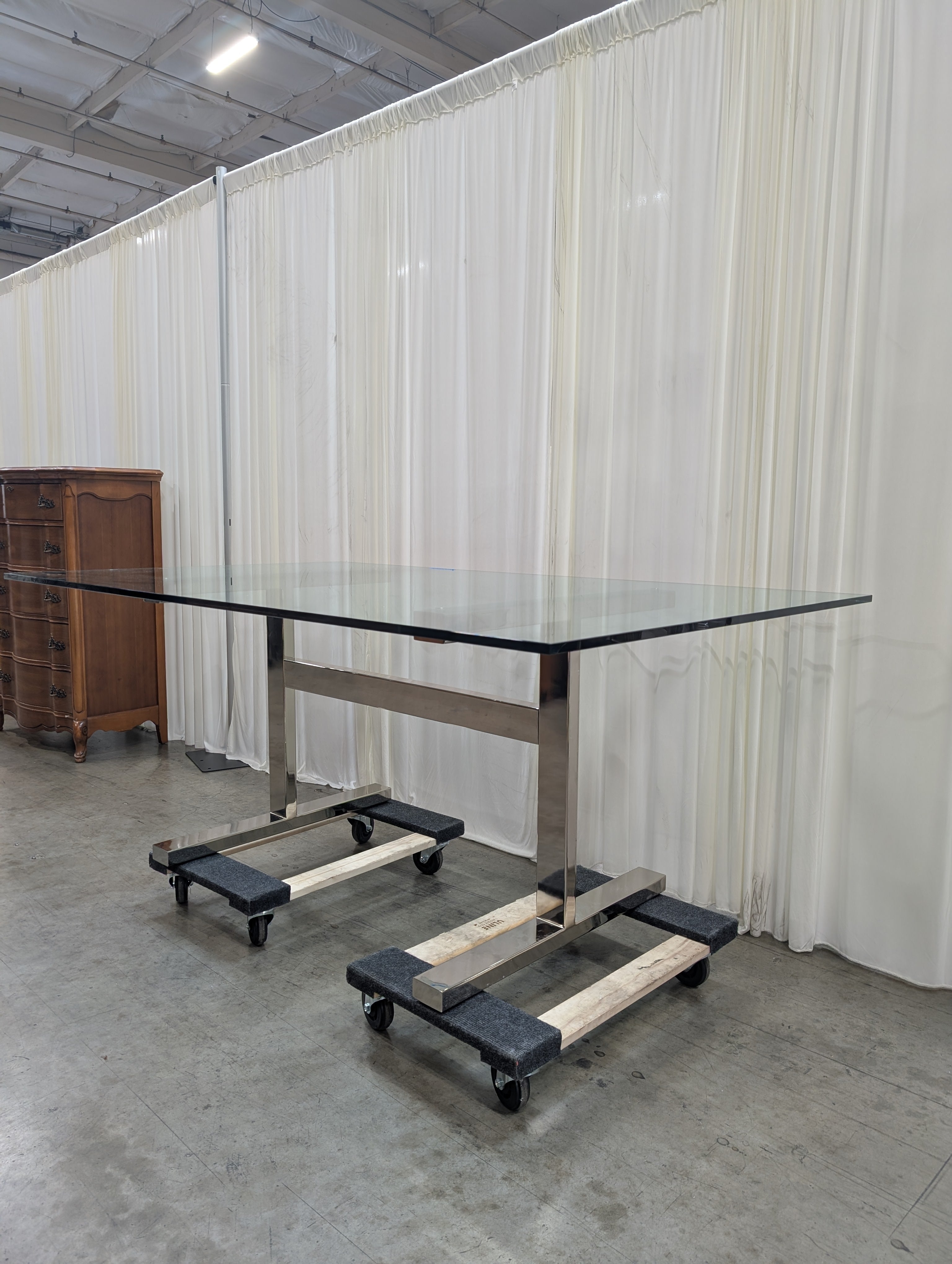 Polished Chrome Trestle Dining Table in Glass