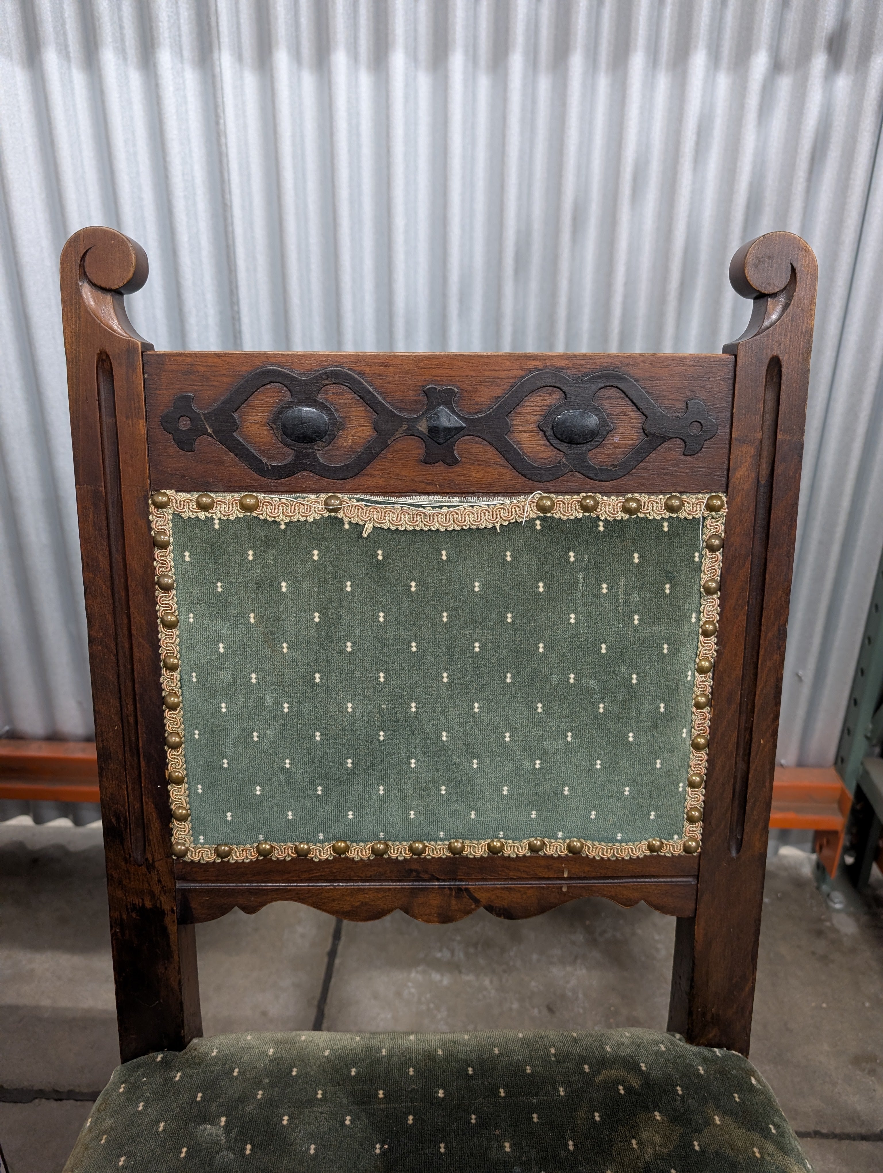 Set of Five- Vintage Carved Wood Accent Chair with Green Upholstery
