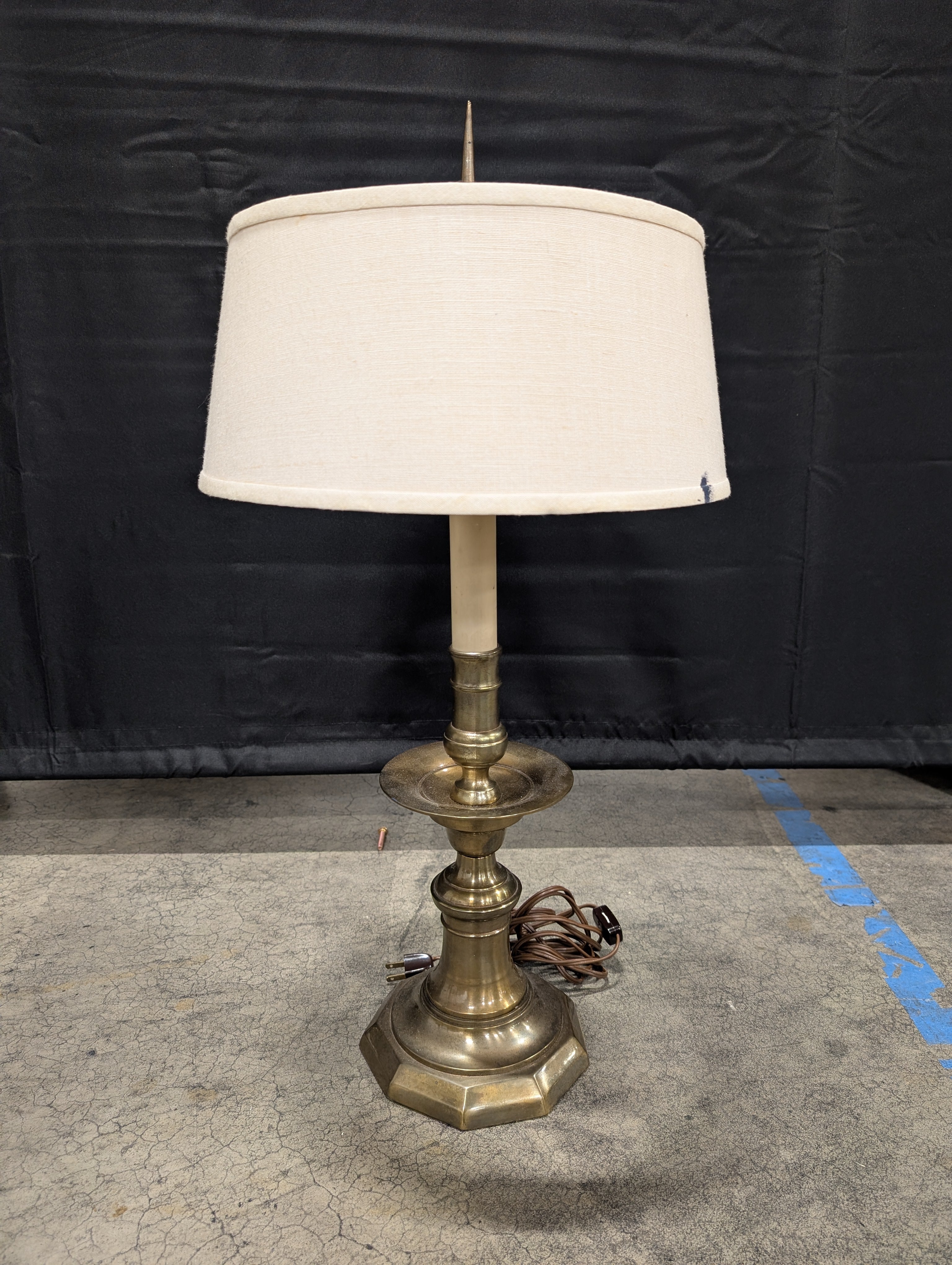 Brass Candlestick Style Table Lamp in Off-White Fabric