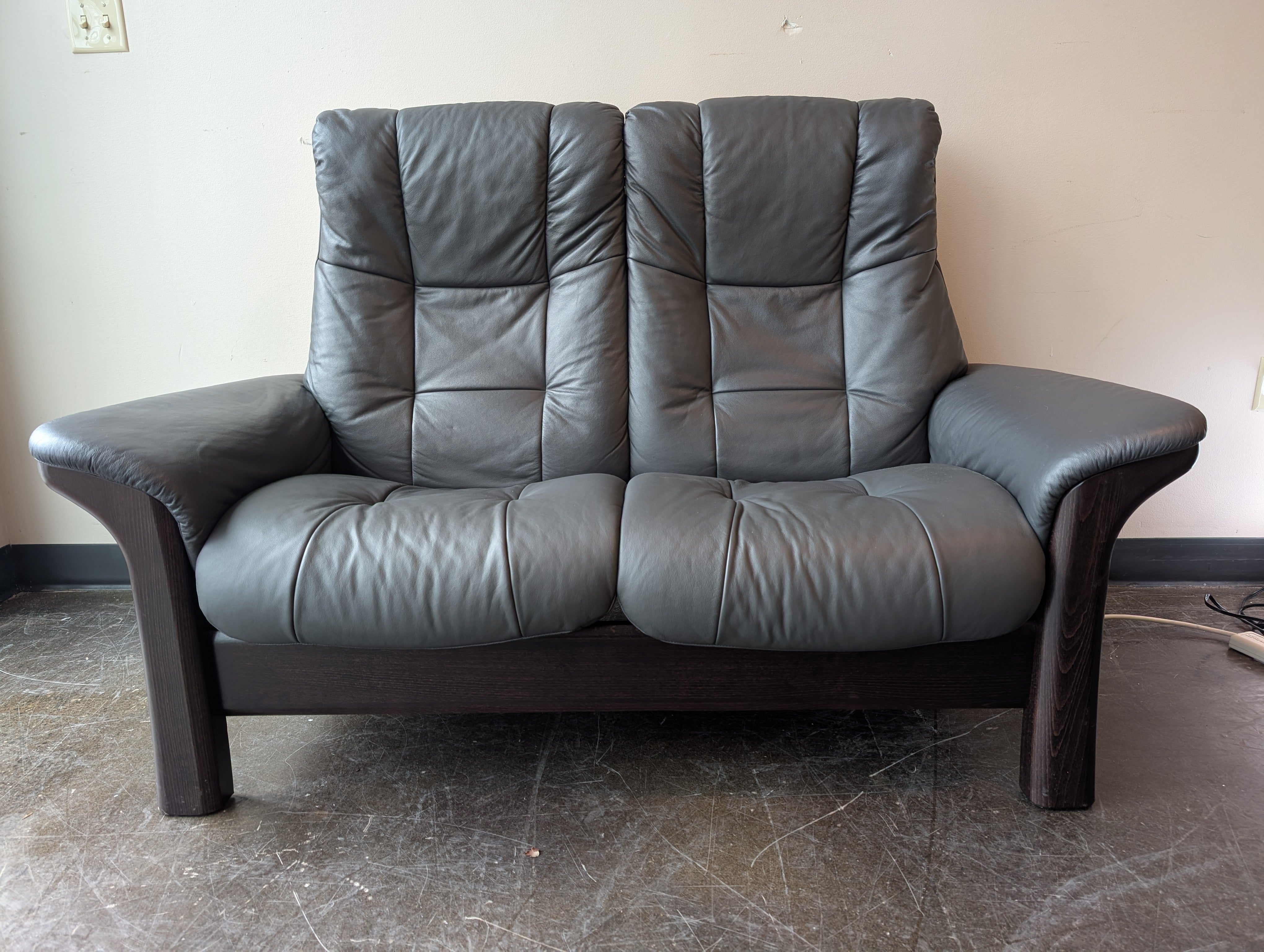 Dark Gray Leather Stressless Windsor High Back Two-Seater Reclining Loveseat