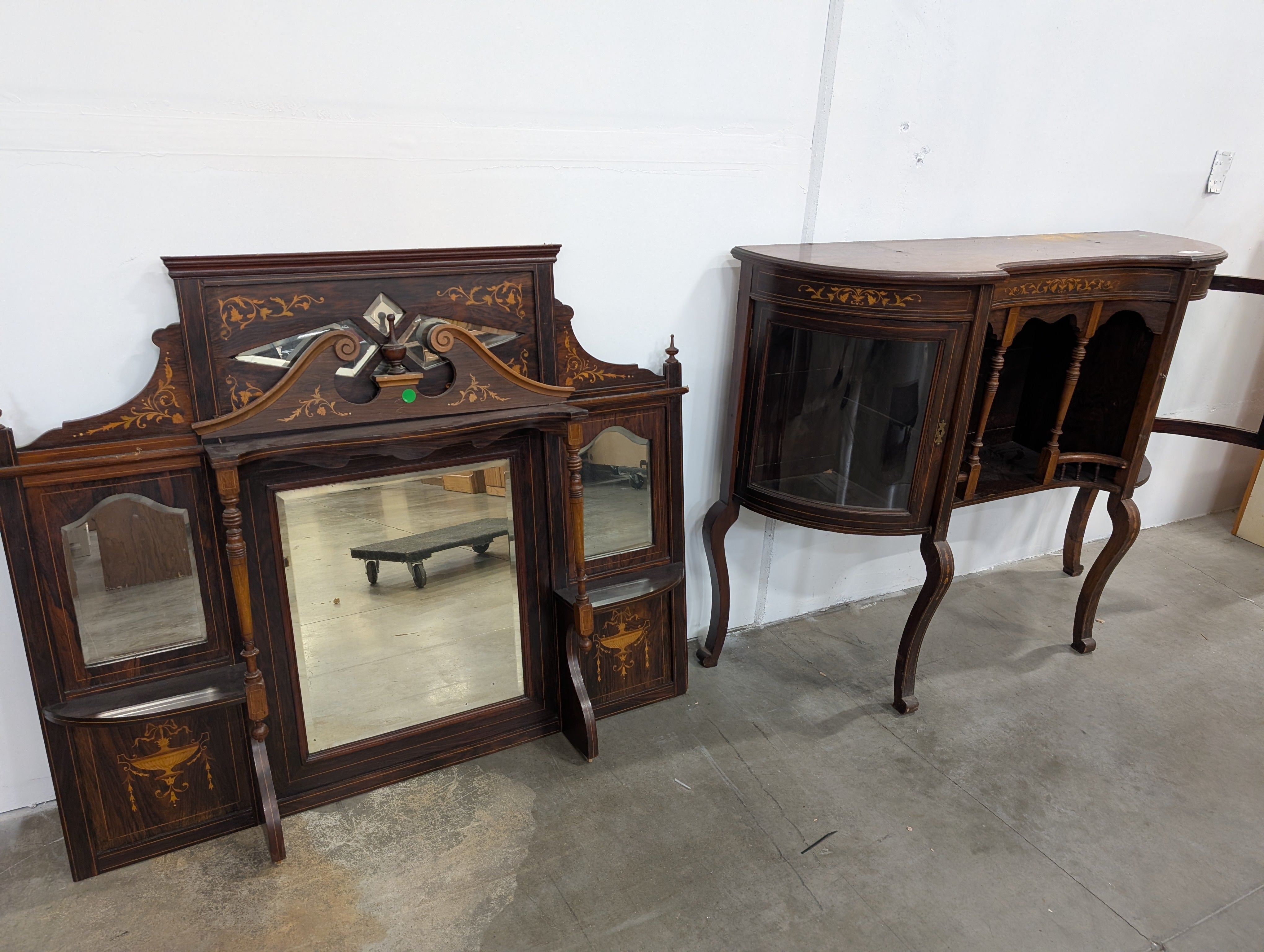Very poor condition*** Antique Curved Wood Buffet with Intricate Inlay