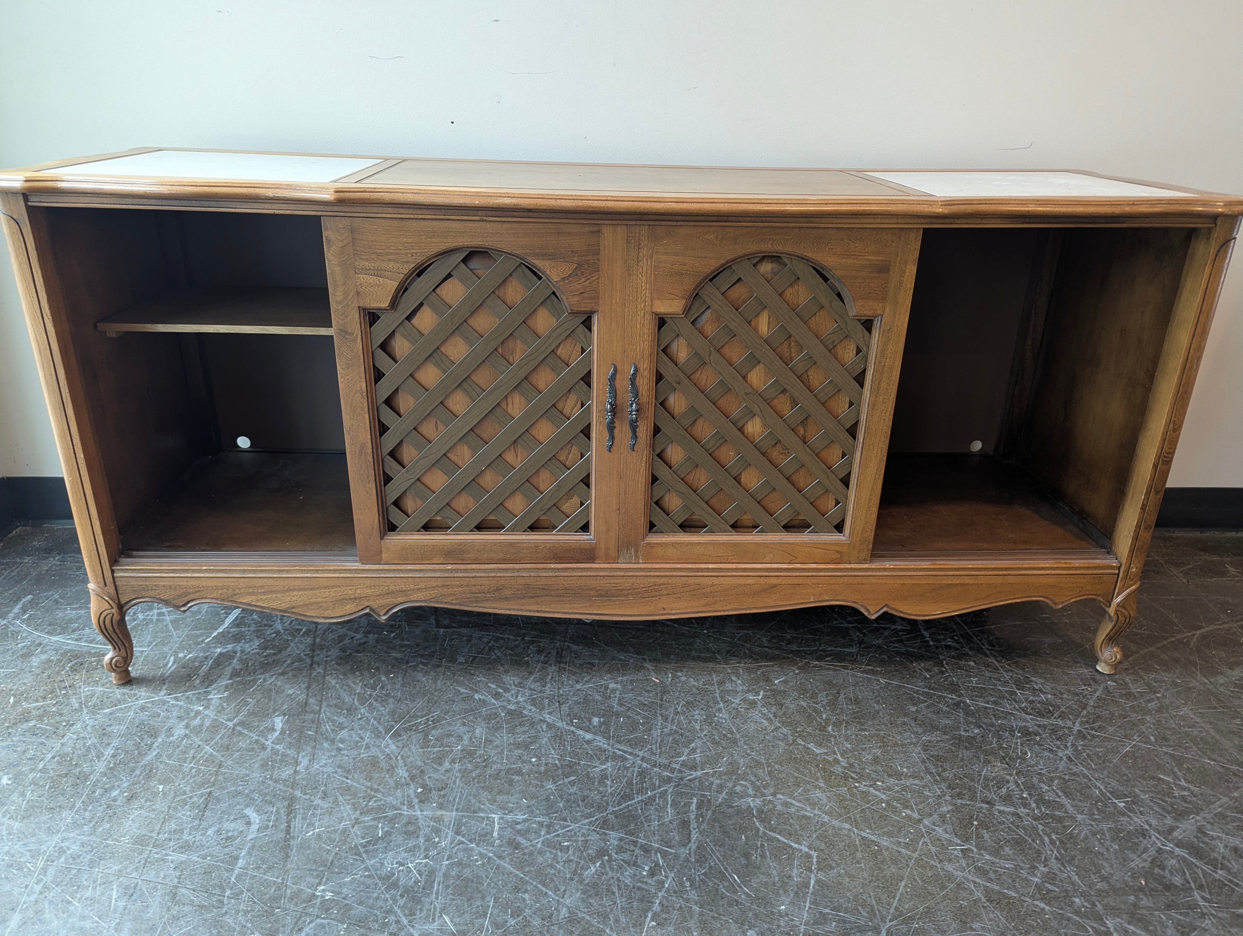 Vintage Wood Sideboard with Lattice Doors and Stone Inlays
