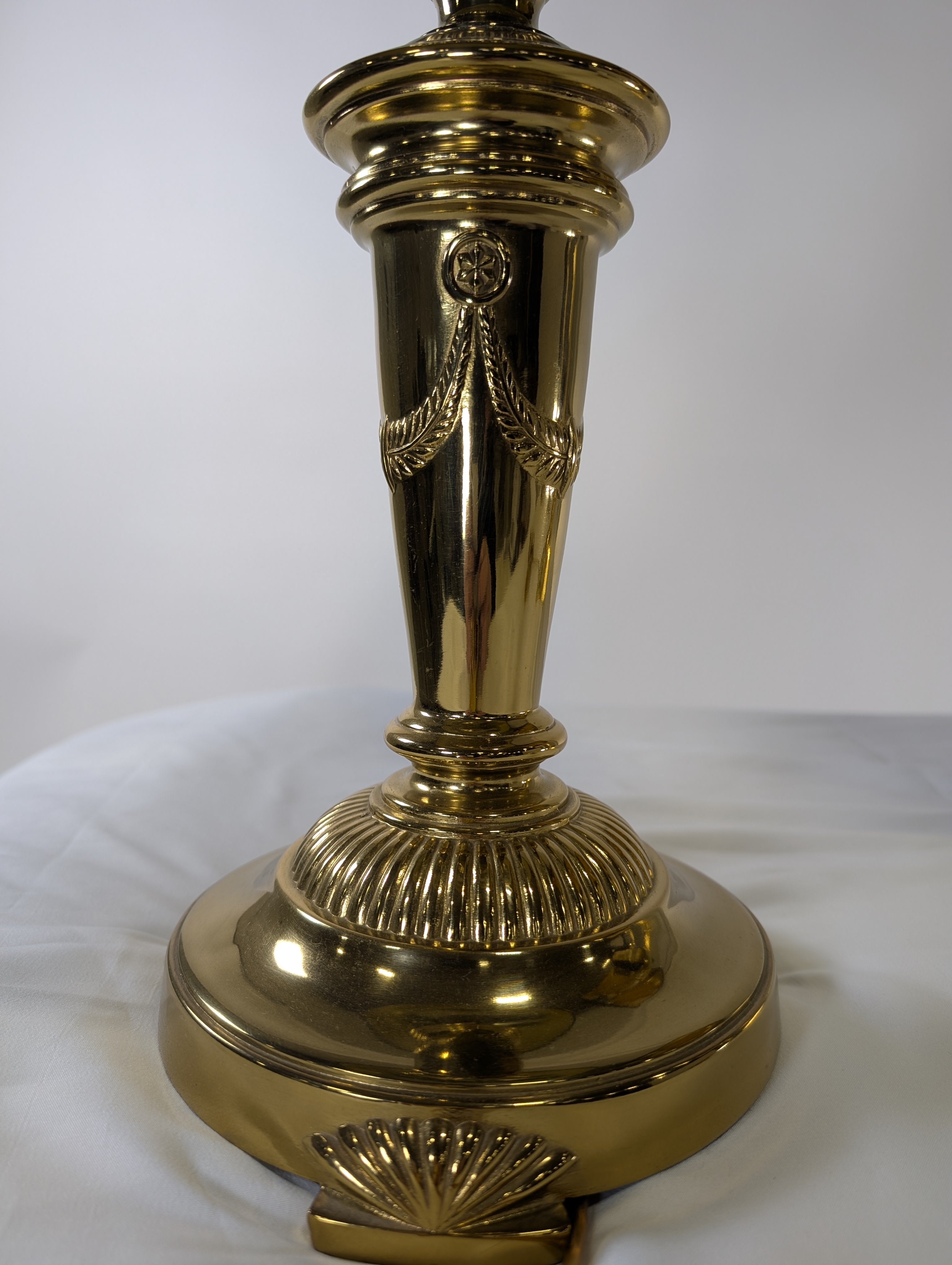 Traditional Ornate Brass Table Lamp with Fluted Details & Black Tapered Shade