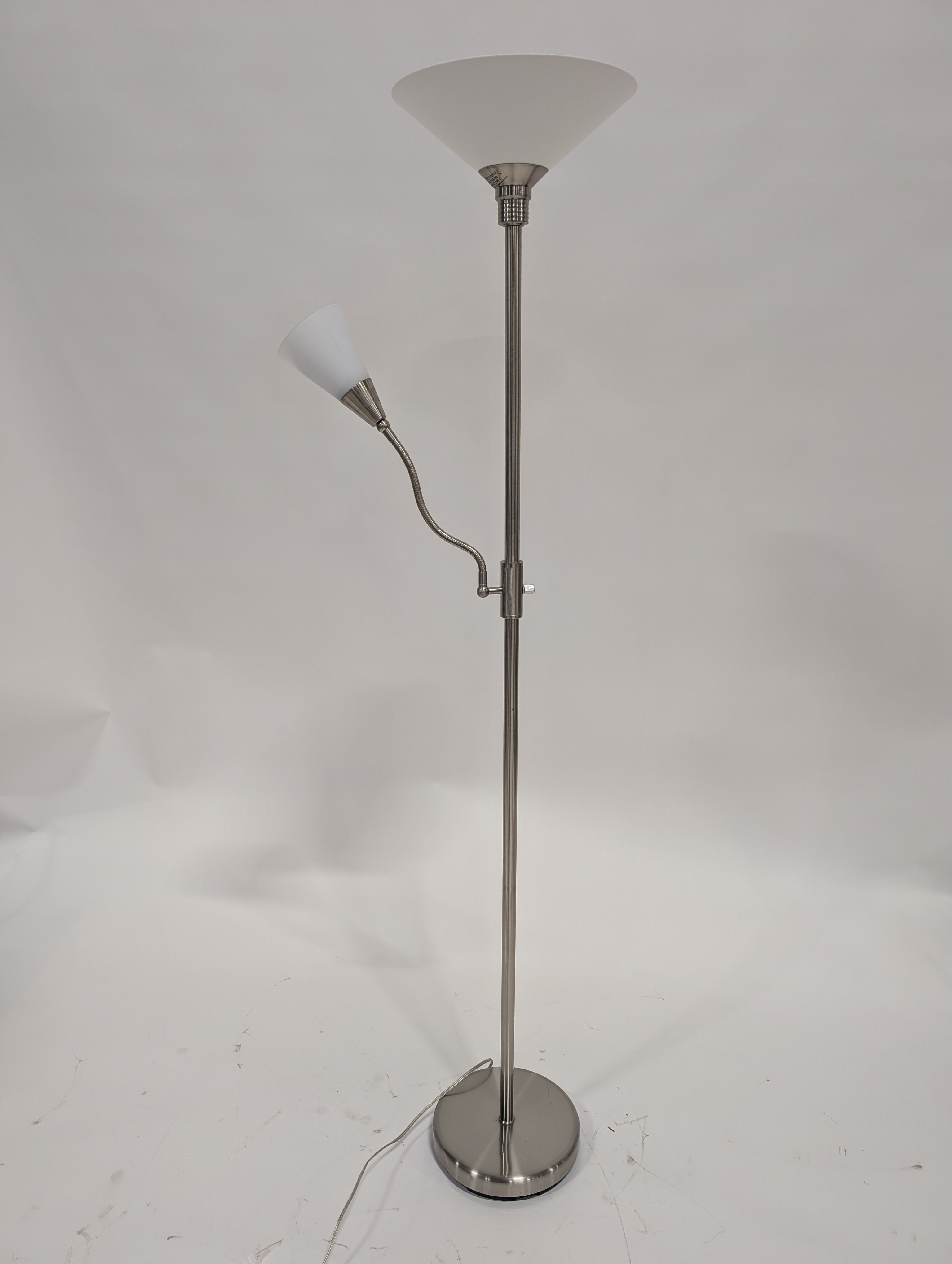 Modern Brushed Metal Torchiere Floor Lamp with Adjustable Reading Light