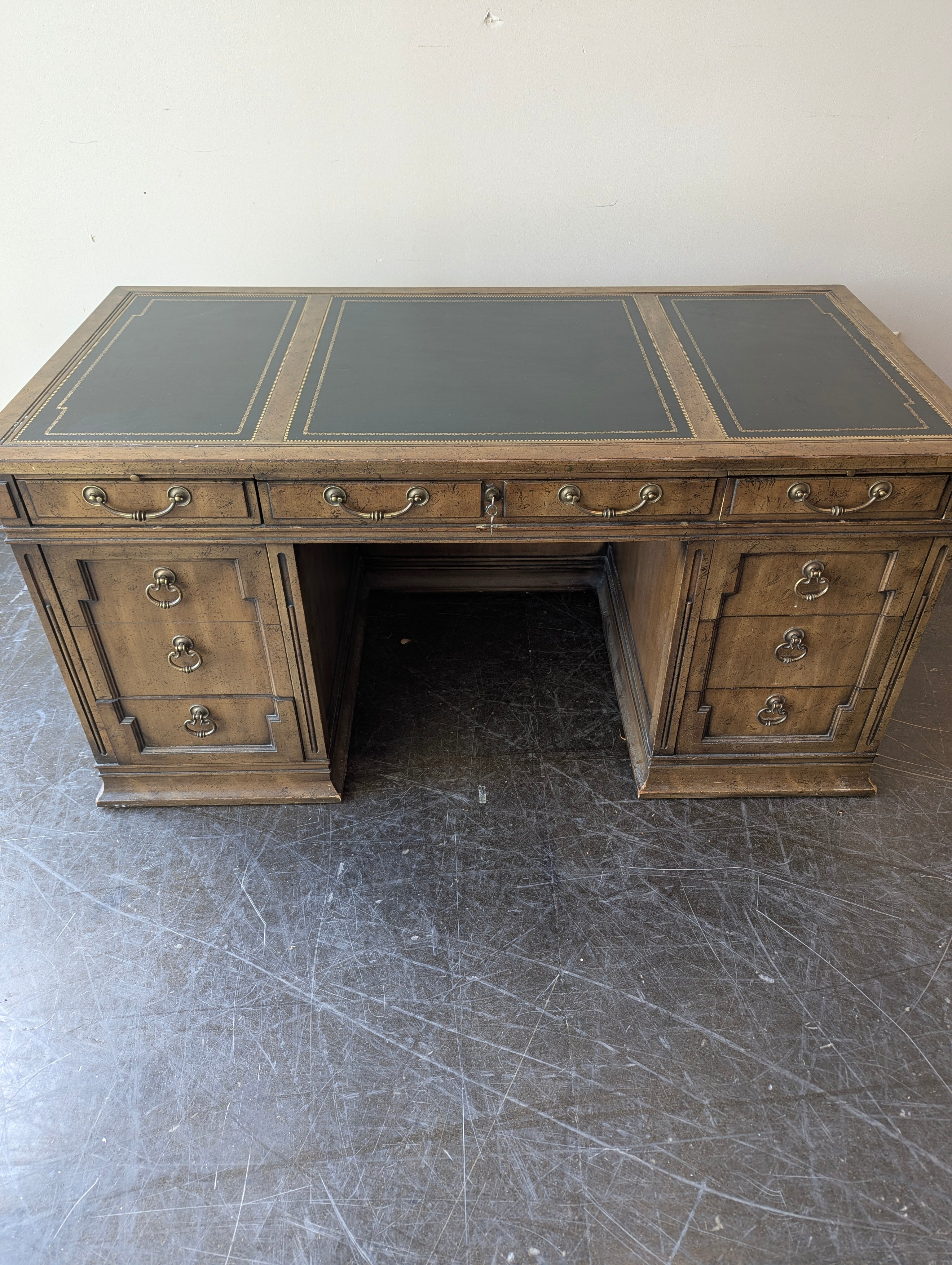 Vintage Style Pedestal Desk with Tooled Leather Top
