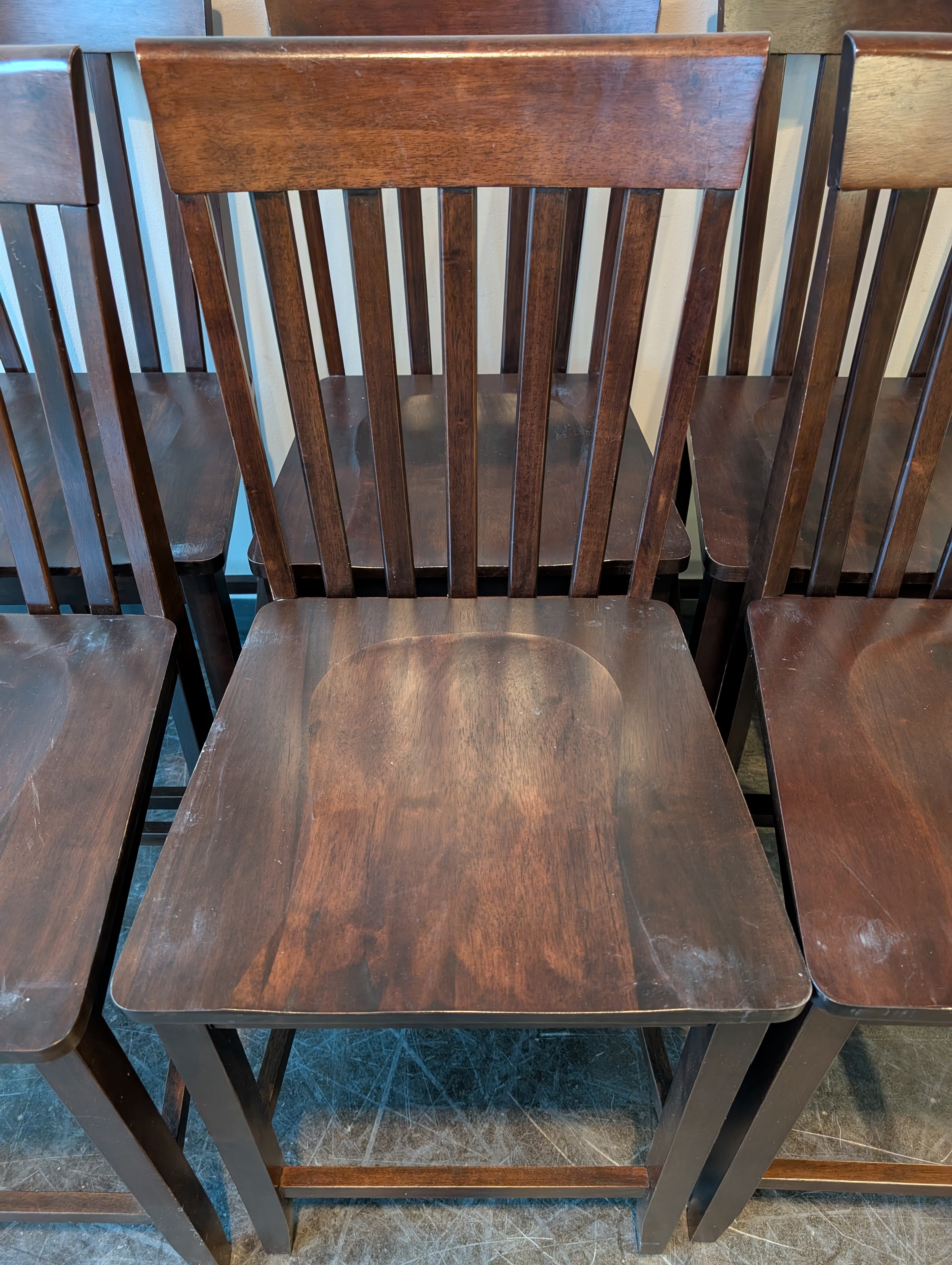Set of Six Rich Brown Wood Slat Back Dining Chairs