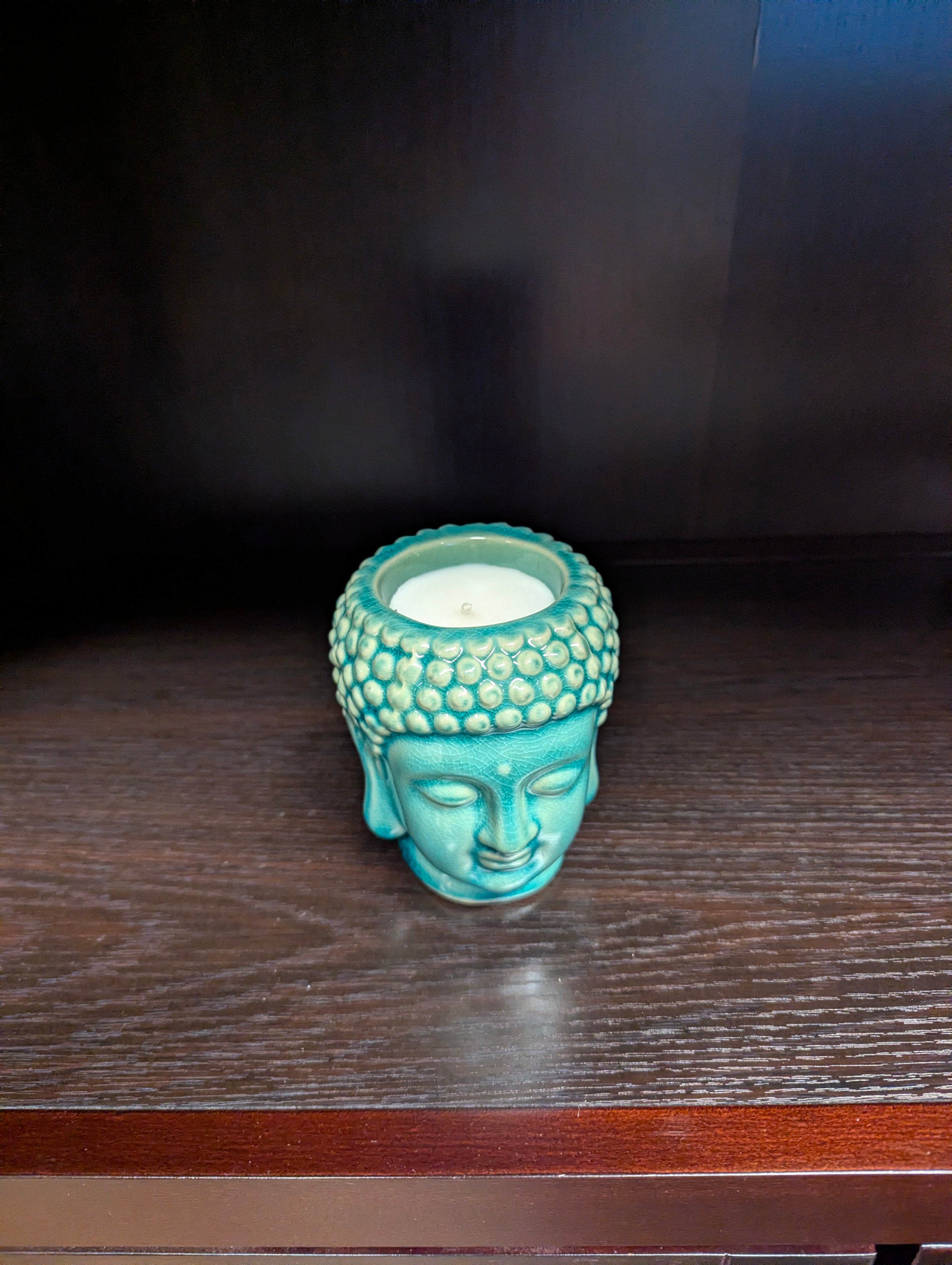 Teal Ceramic Buddha Head Candle Holder with White Candle