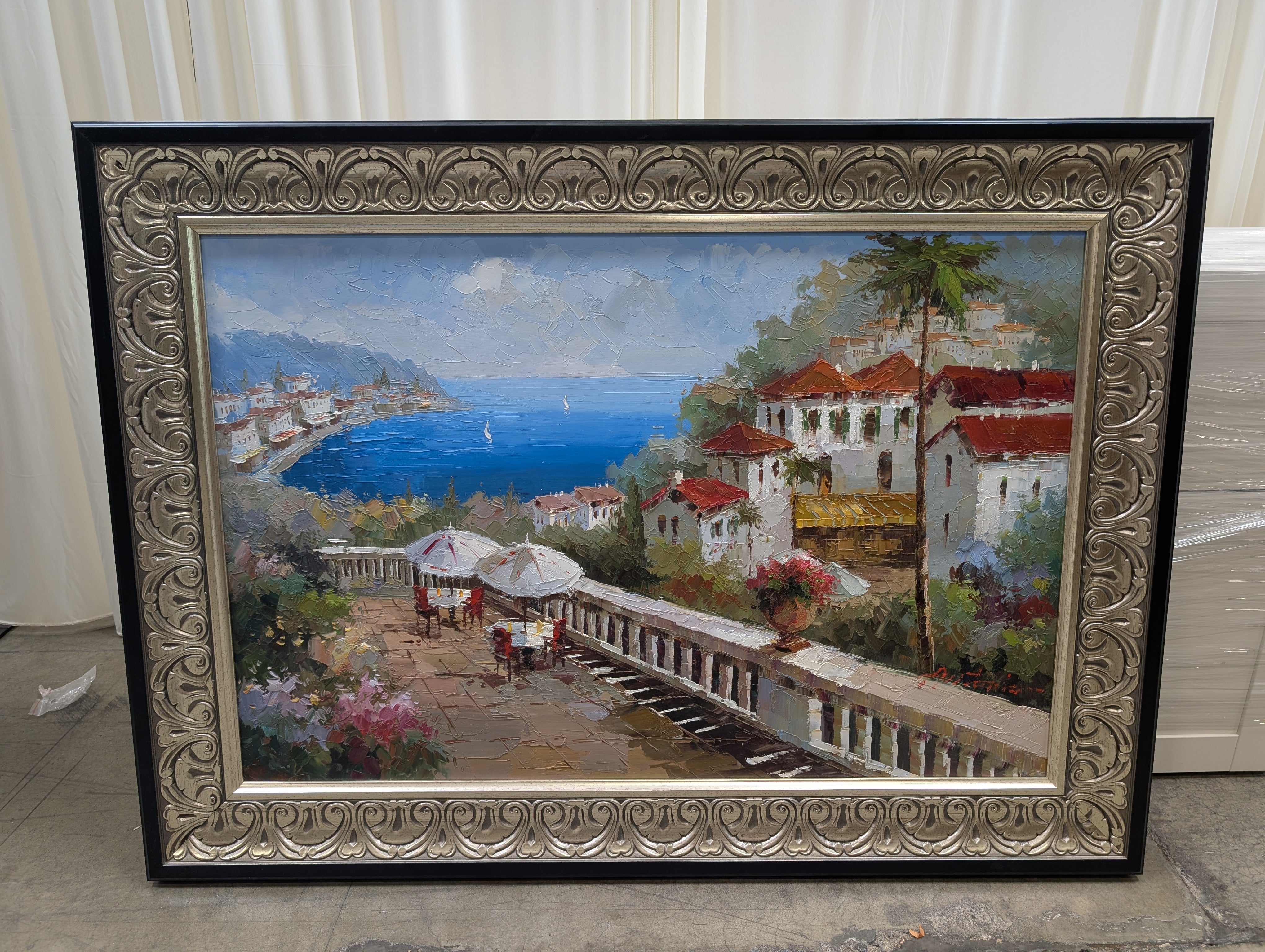 Framed Coastal Village Art in Black and Silver