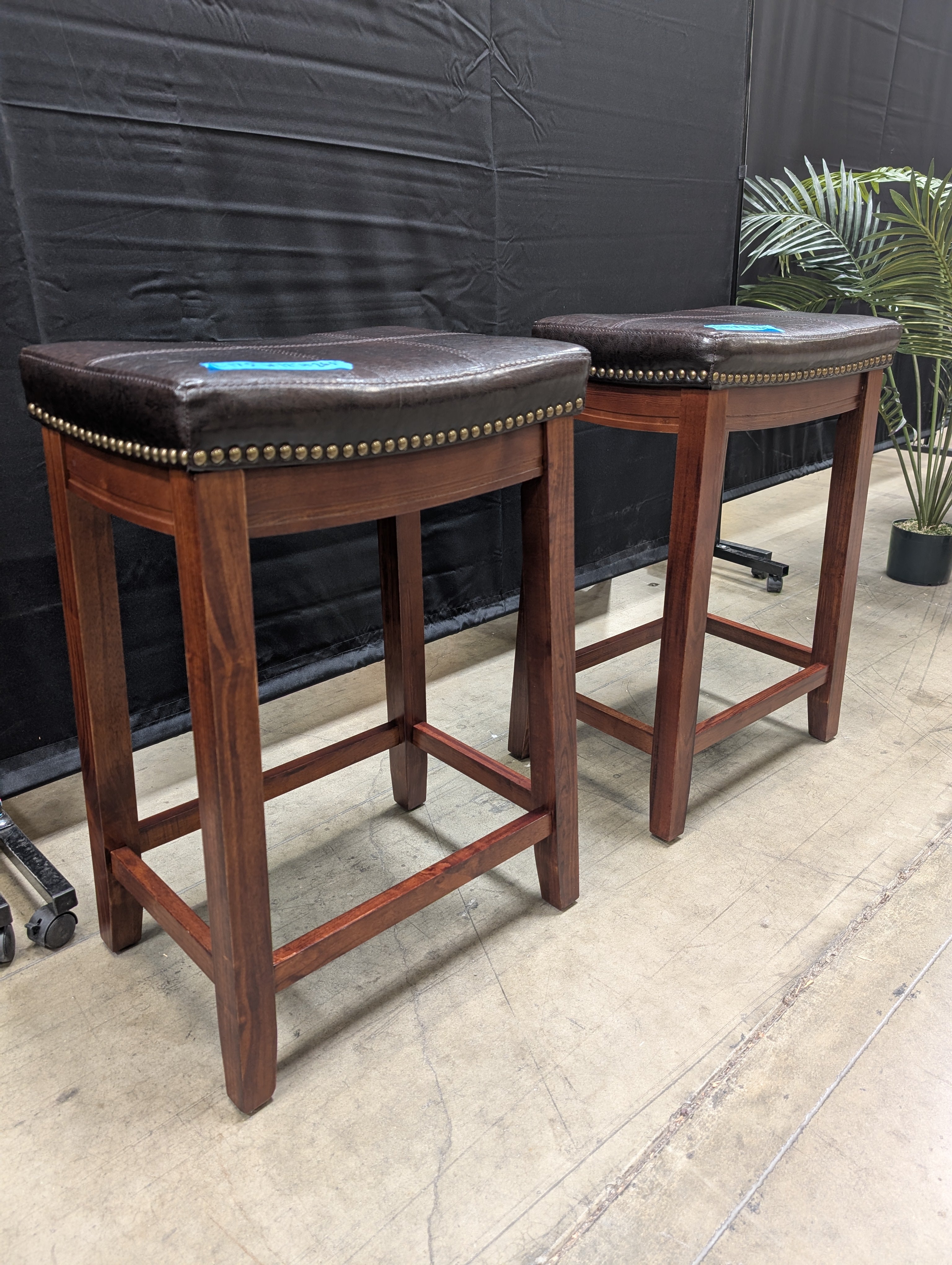 Pair of Brown Wood Frame Barstool with Nailhead Trim