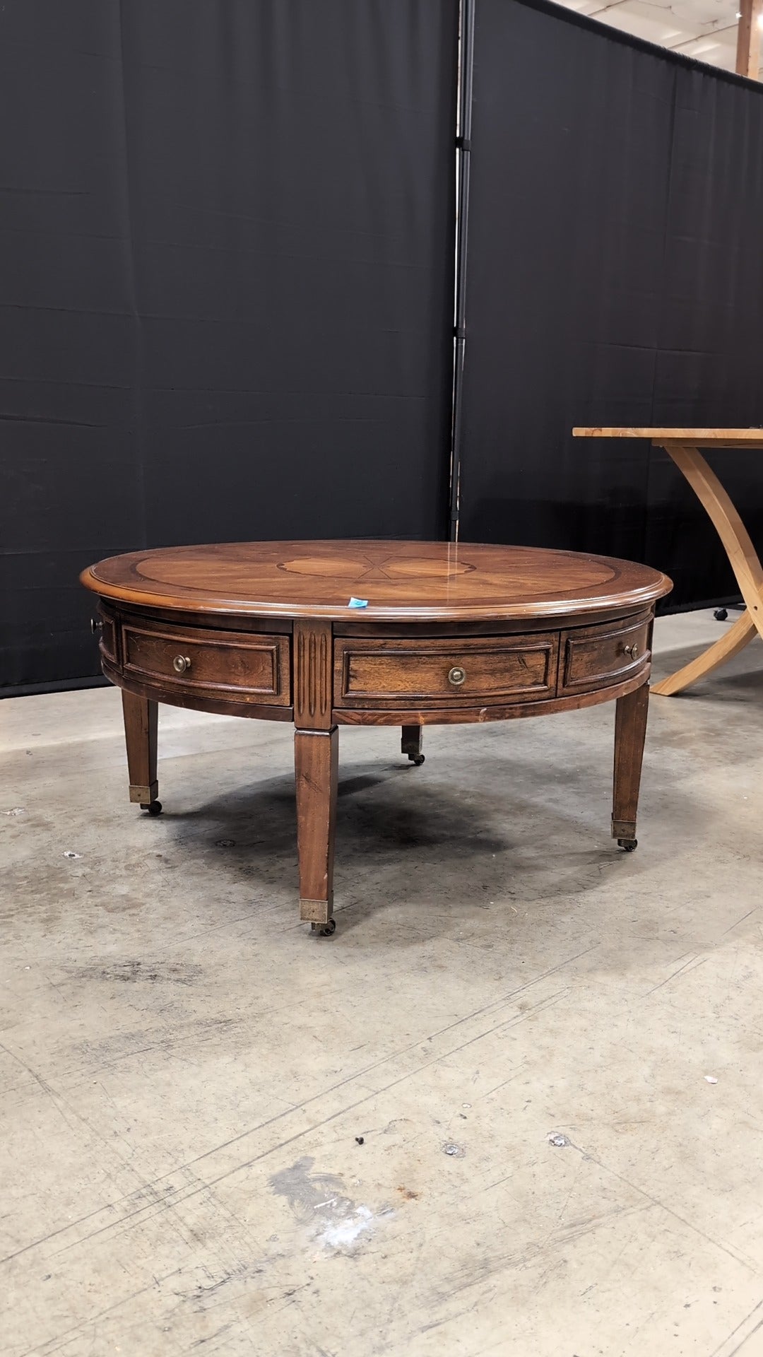 Classic Round Wood Coffee Table with Inlay Design
