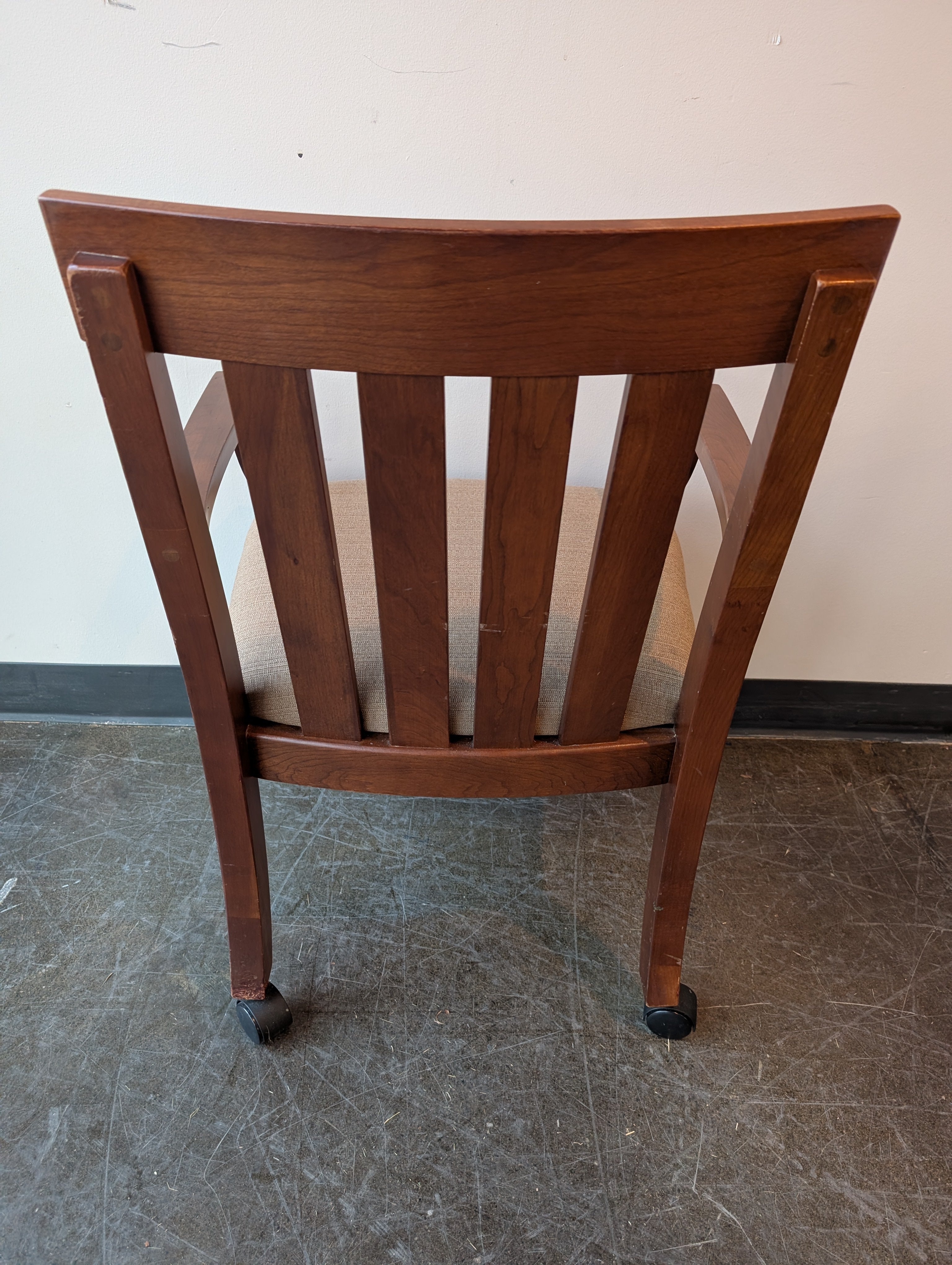 Brown Wood Armchair with Slatted Back and Upholstered Seat