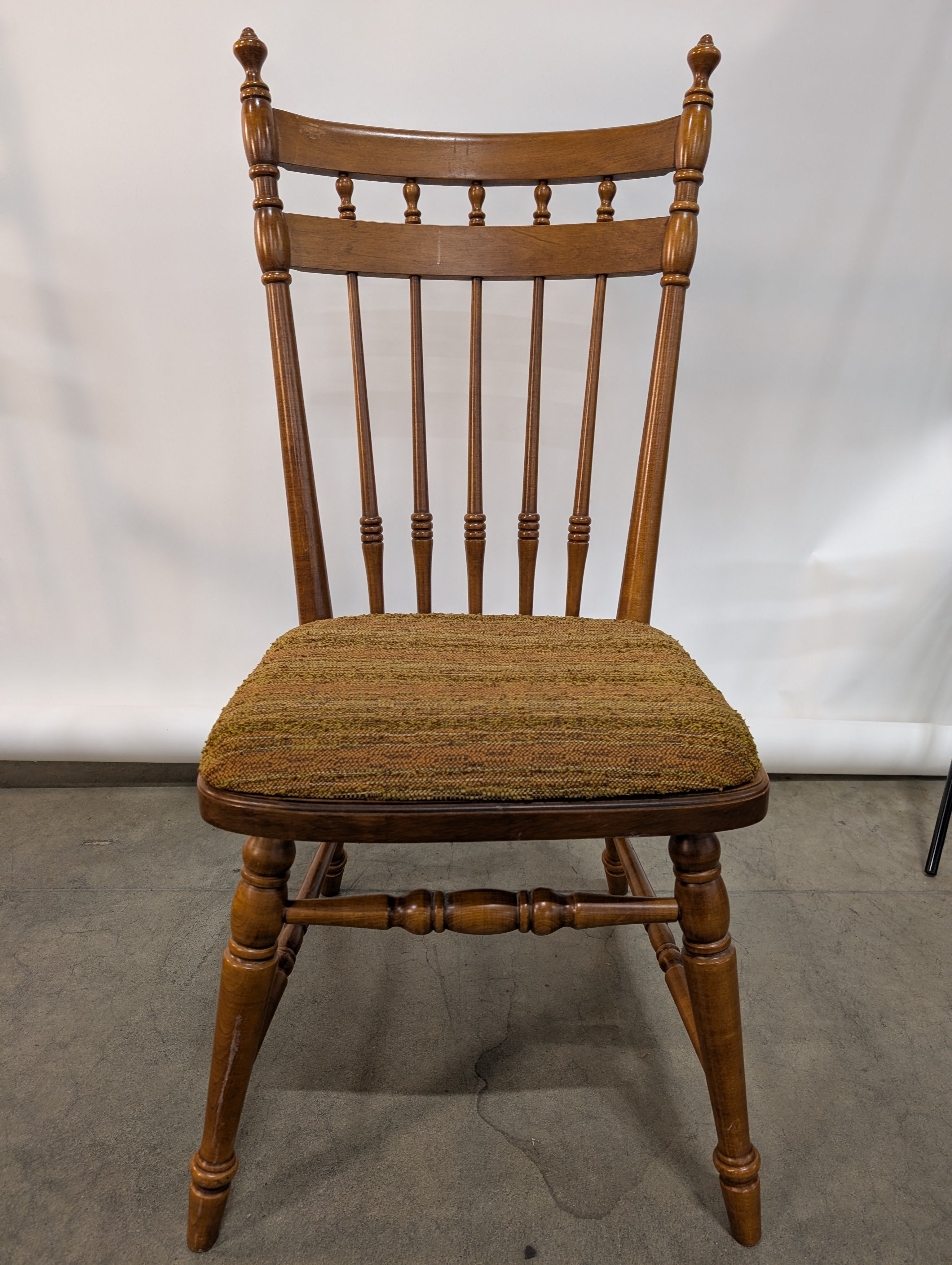 Classic Wood Spindle Back Chair with Patterned Fabric Seat